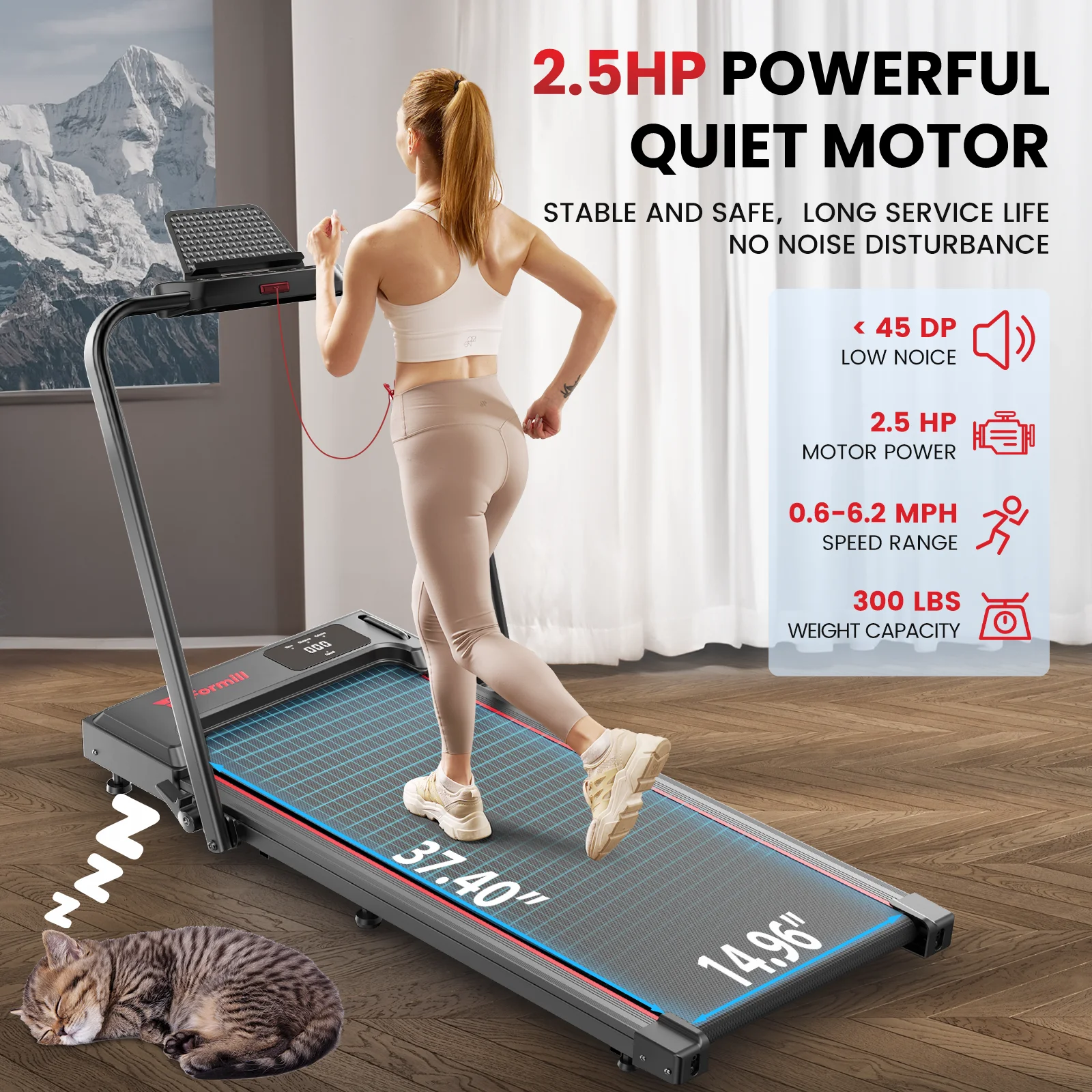 Treadmill 2 in 1 for Home/Office,Patbrela 300 Lbs Walking Pad Treadmill with HandleBar,Under Desk Treadmill with Mat, Touch Control,LED Display & Remote Control
