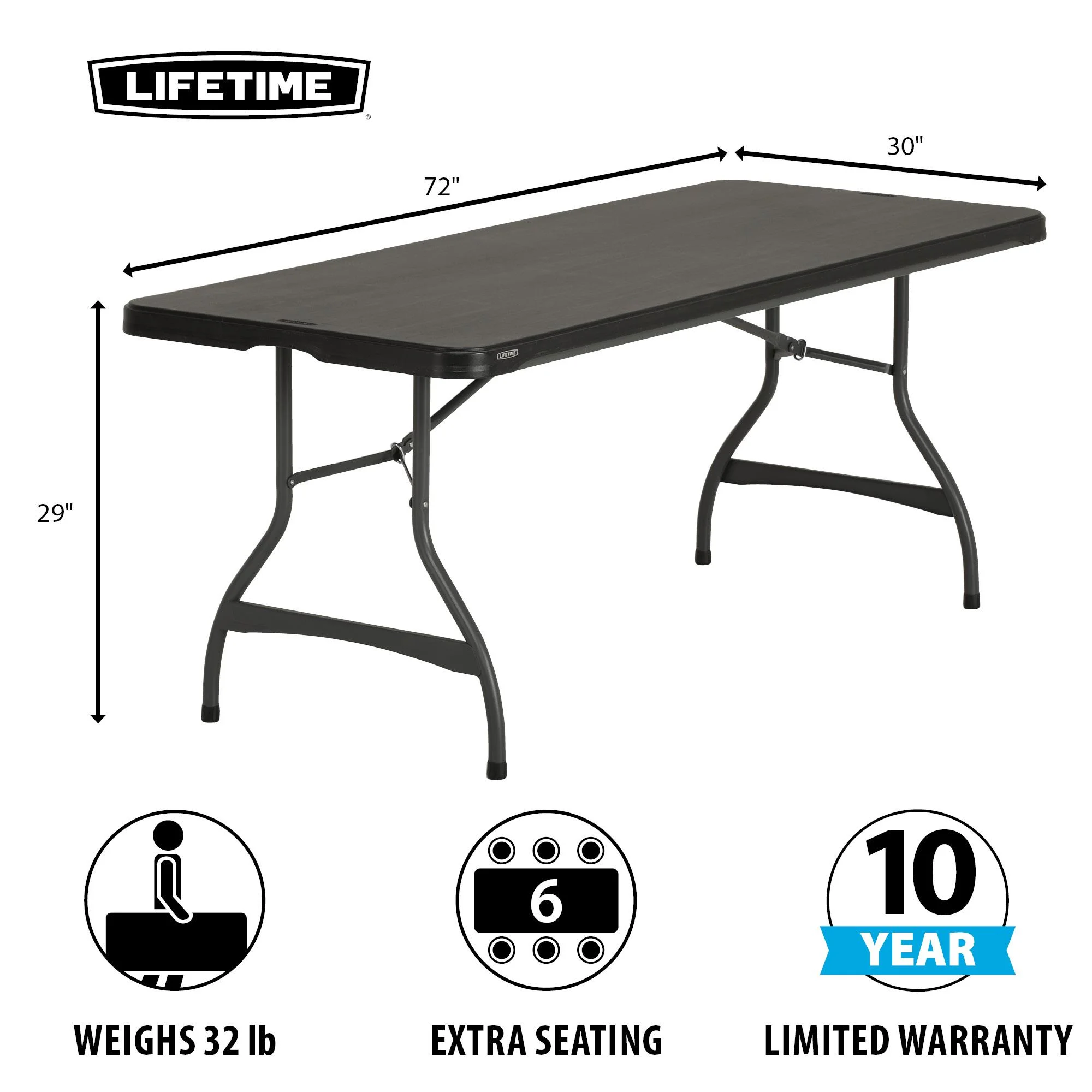 Lifetime 6 Foot Rectangle Folding Table, Indoor/Outdoor Commercial Grade, Black (280350)