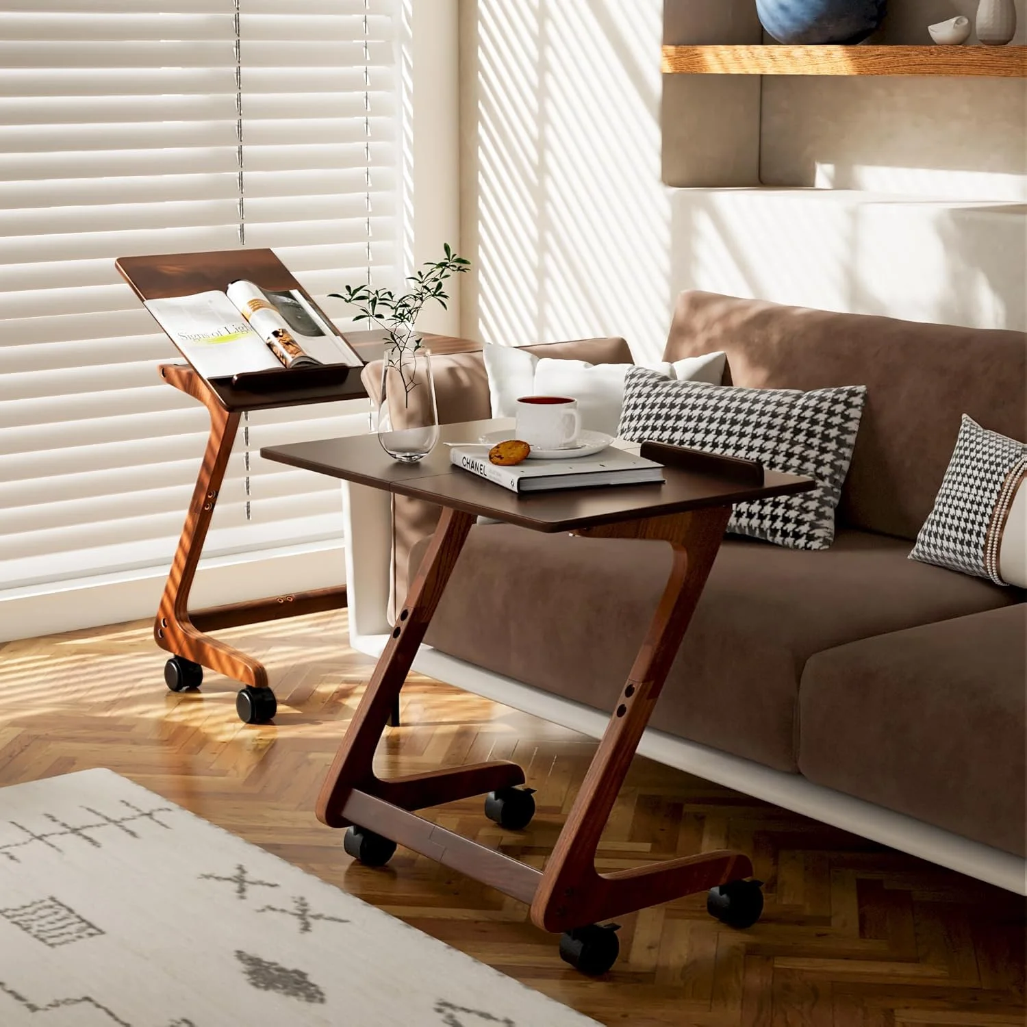 TV Tray Table, TV Dining Table with Casters for Small Spaces, Solid Wood End Table, Sofa Couch Side Table Removable Snack Tray for Coffee Bed Sofa Eating Writing Reading Living Room Bedroom