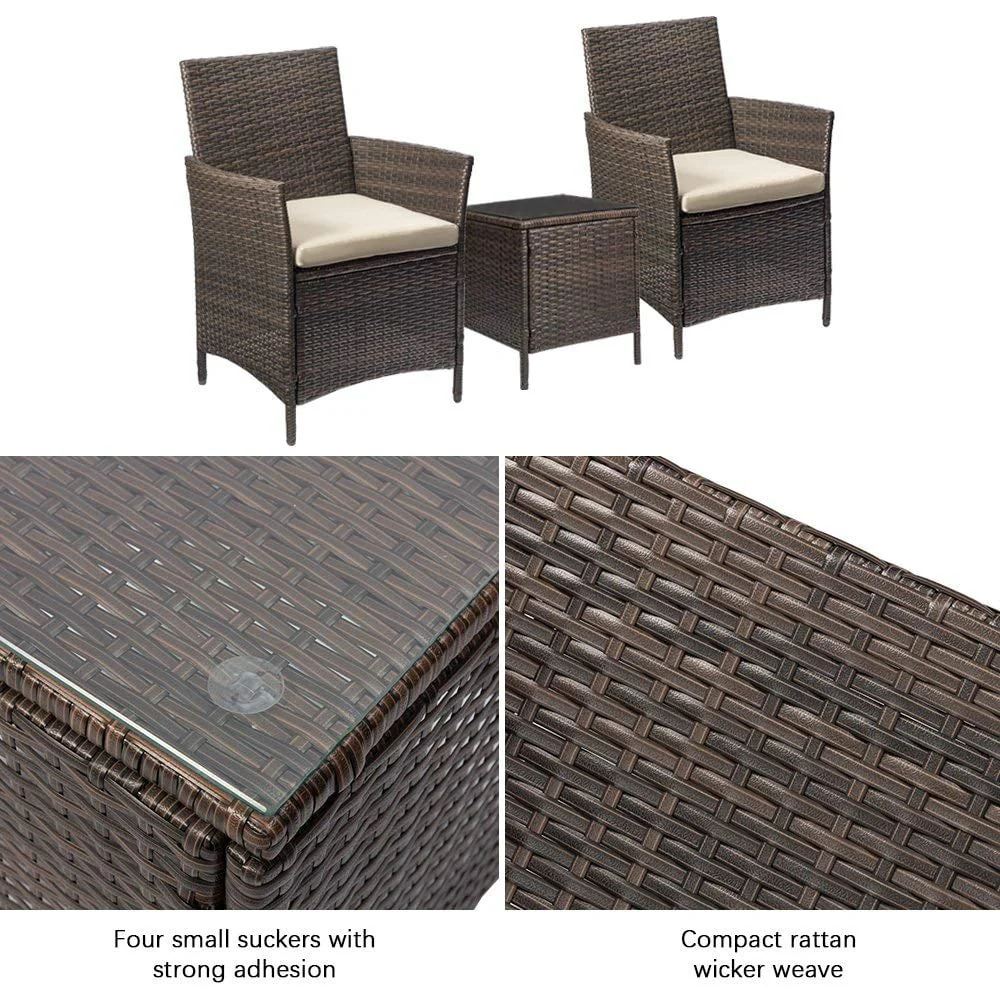 Lacoo 3 Pieces Outdoor Patio Furniture PE Rattan Wicker Table and Chairs Set Bar Set with Cushioned Tempered Glass, Brown/Beige, 2
