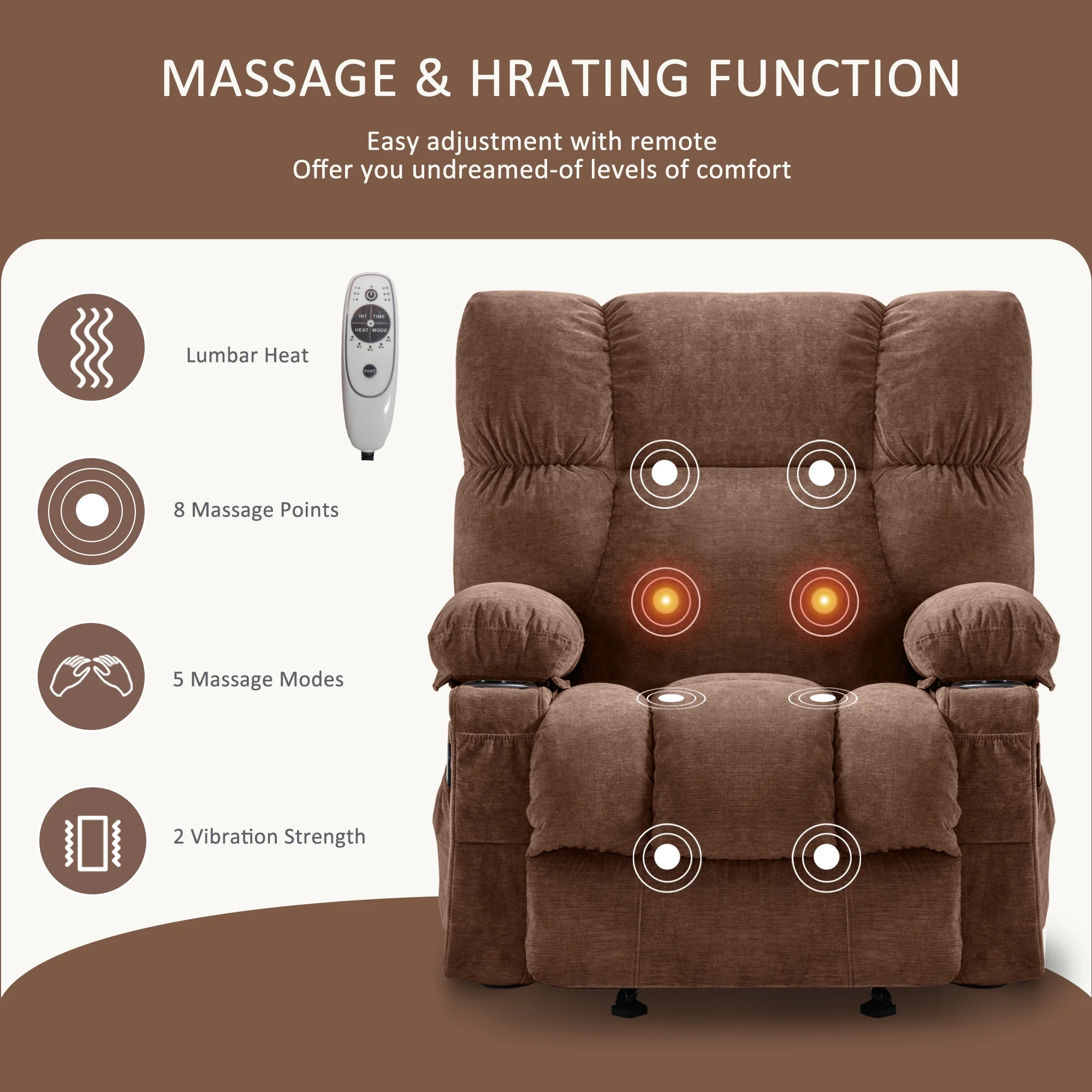 JONPONY Manual Recliner Chair with Heat Therapy and Massage Function, Heavy Duty Reclining Mechanism Massage Chair, Elderly Single Rocker Sofa with Cup Holders for Bedroom Home Theater,Grey