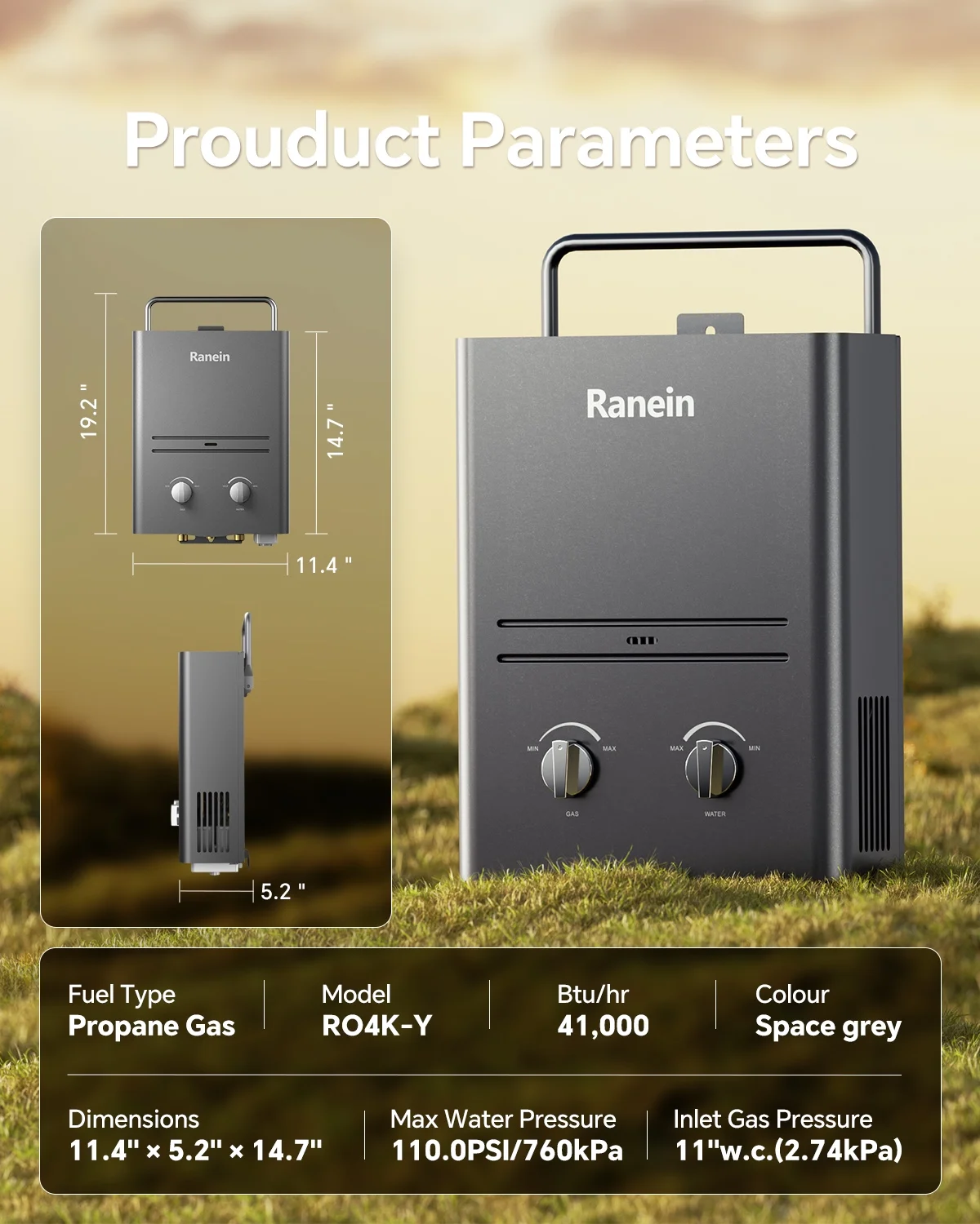 Ranein Tankless Water Heater Outdoor, 1.58 GPM Portable Propane Camping Water Heater, 6L, RO4KY, Grey