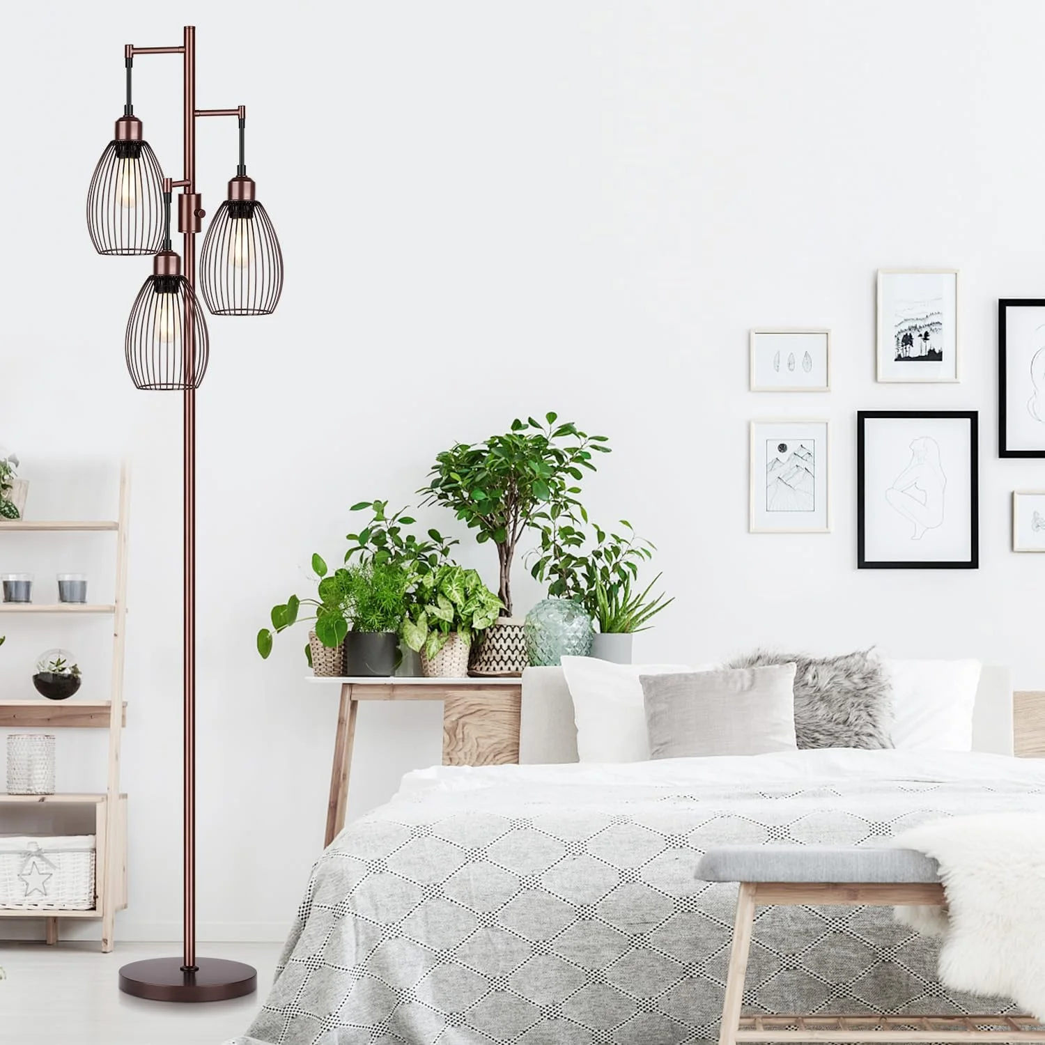 Dimmable Floor Lamp, 3 x 800LM LED Edison Bulbs Included, Farmhouse Industrial Floor Lamp Standing Tree Lamp with Elegant Teardrop Cage Tall Lamps for Living Room Bedroom Office Dining Room