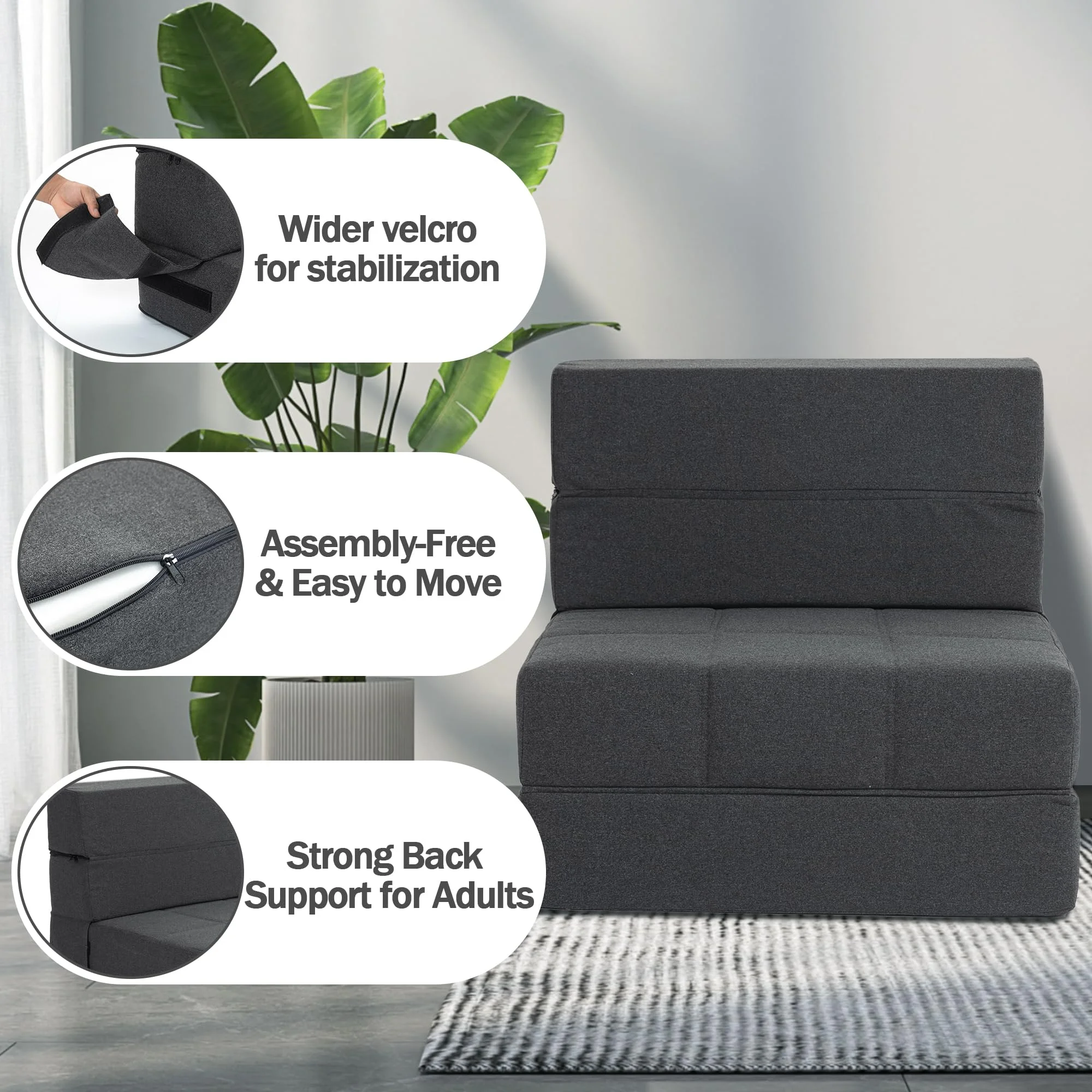 Folding Sofa Bed, 7 inch Memory Foam Floor Couch, Convertible Sleeper Foldable Mattress Futon Sofa for Living Room/Home Office/Guest Beds/Apartment/Upstairs Loft, Dark Gray, Single