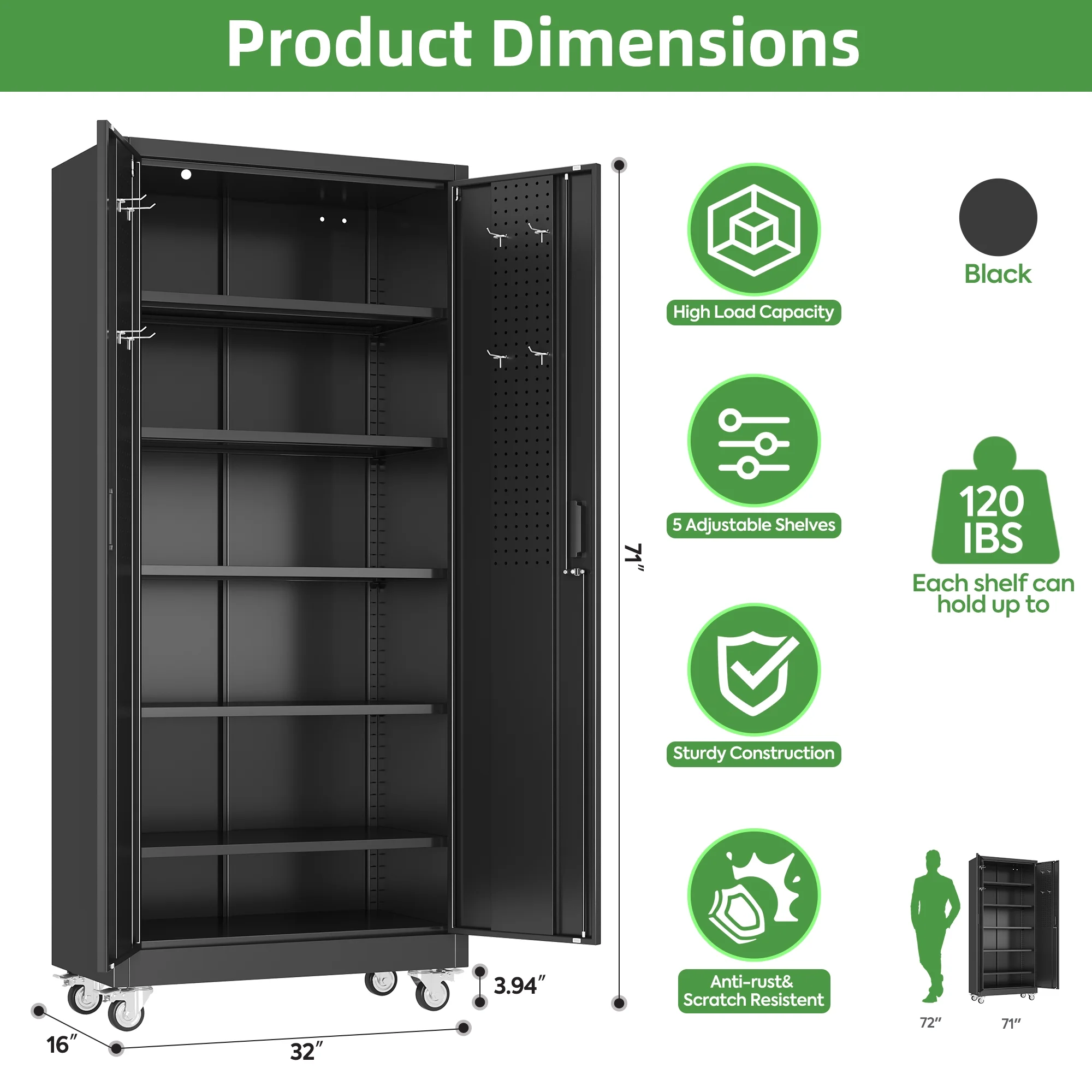 SUPEER Metal Rolling Storage Cabinets with Locking Doors and 5 Adjustable Shelves, Steel Garage Storage Cabinet for Garage, Office, Classroom, Assemble Required(Black)
