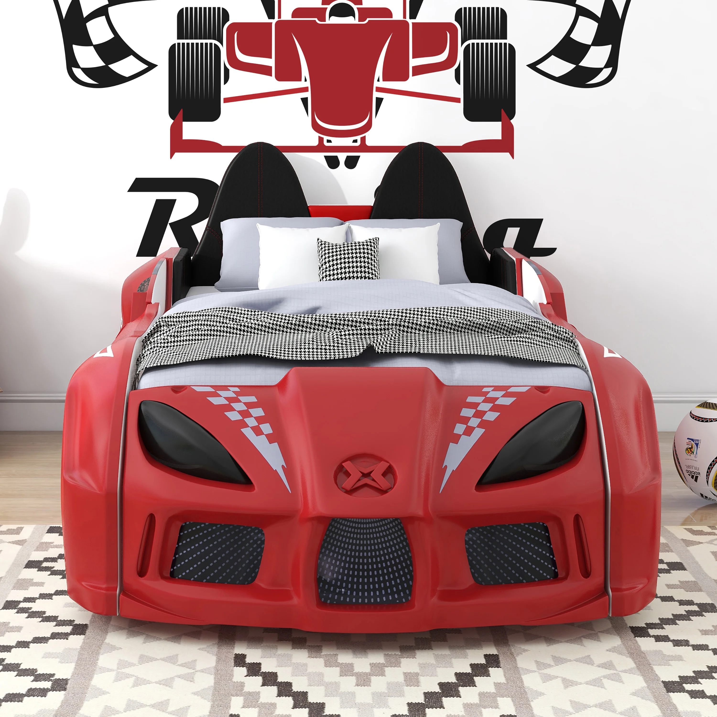 Furniture of America Dash Kids Plastic Twin Race Car Bed with LED and Sound, White