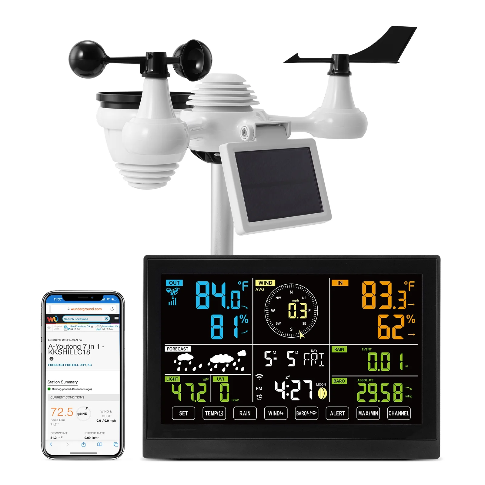 BENTISM 7 in 1 Wi-Fi Wireless Weather Station, for Indoor and Outdoor Temperature and Humidity, Wind Speed/Direction, Rainfall, with Built-in Barometer and 7.5in Digital Color Display