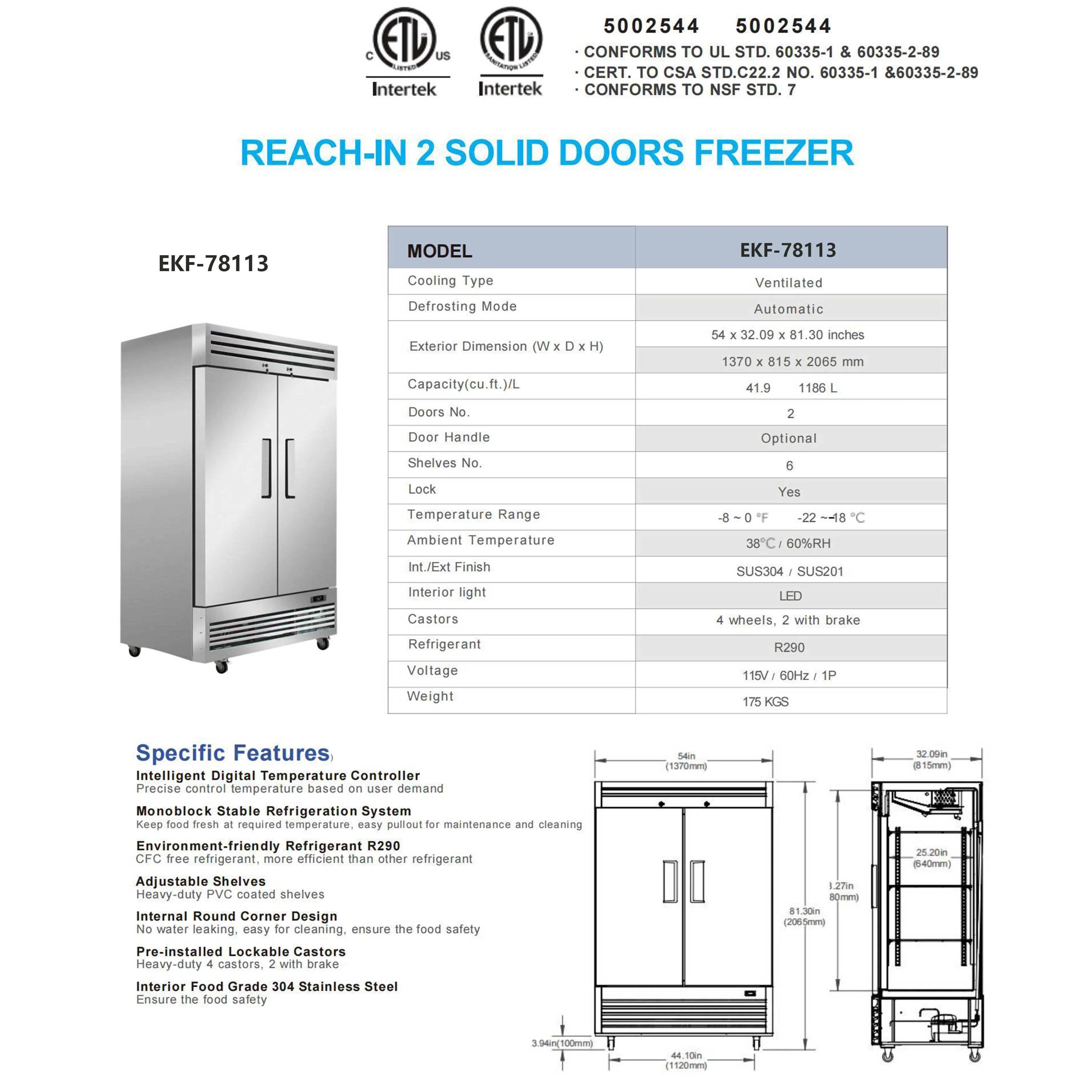 54 in. with 42 Cu.ft. Auto Defrost Freezer, Commercial 2 Door Reach in Upright Freezer in Stainless Steel, NSF