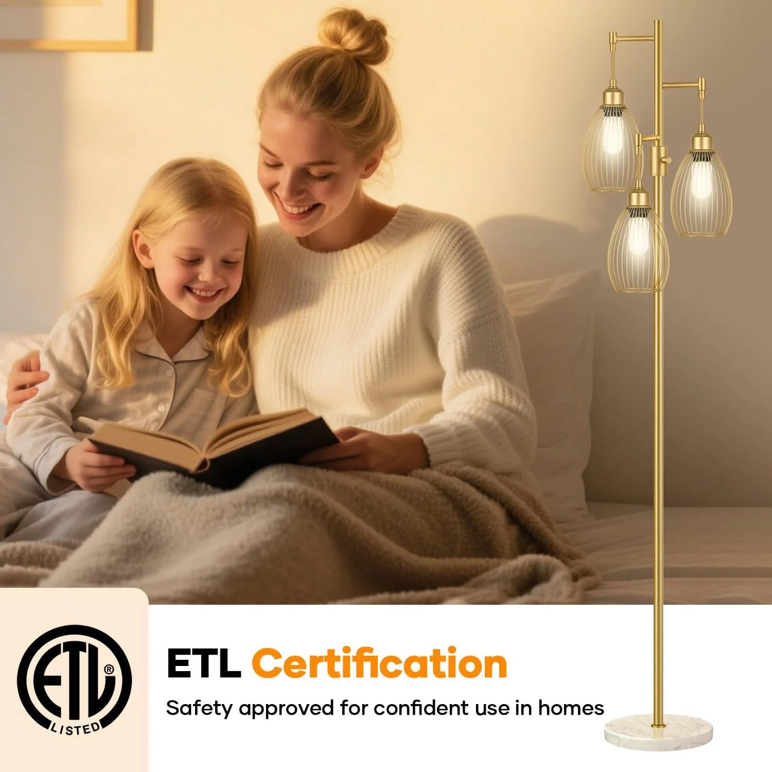 Dimmable Floor Lamp, 3 x 800LM LED Edison Bulbs Included, Farmhouse Industrial Floor Lamp Standing Tree Lamp with Elegant Teardrop Cage Tall Lamps for Living Room Bedroom Office Dining Room