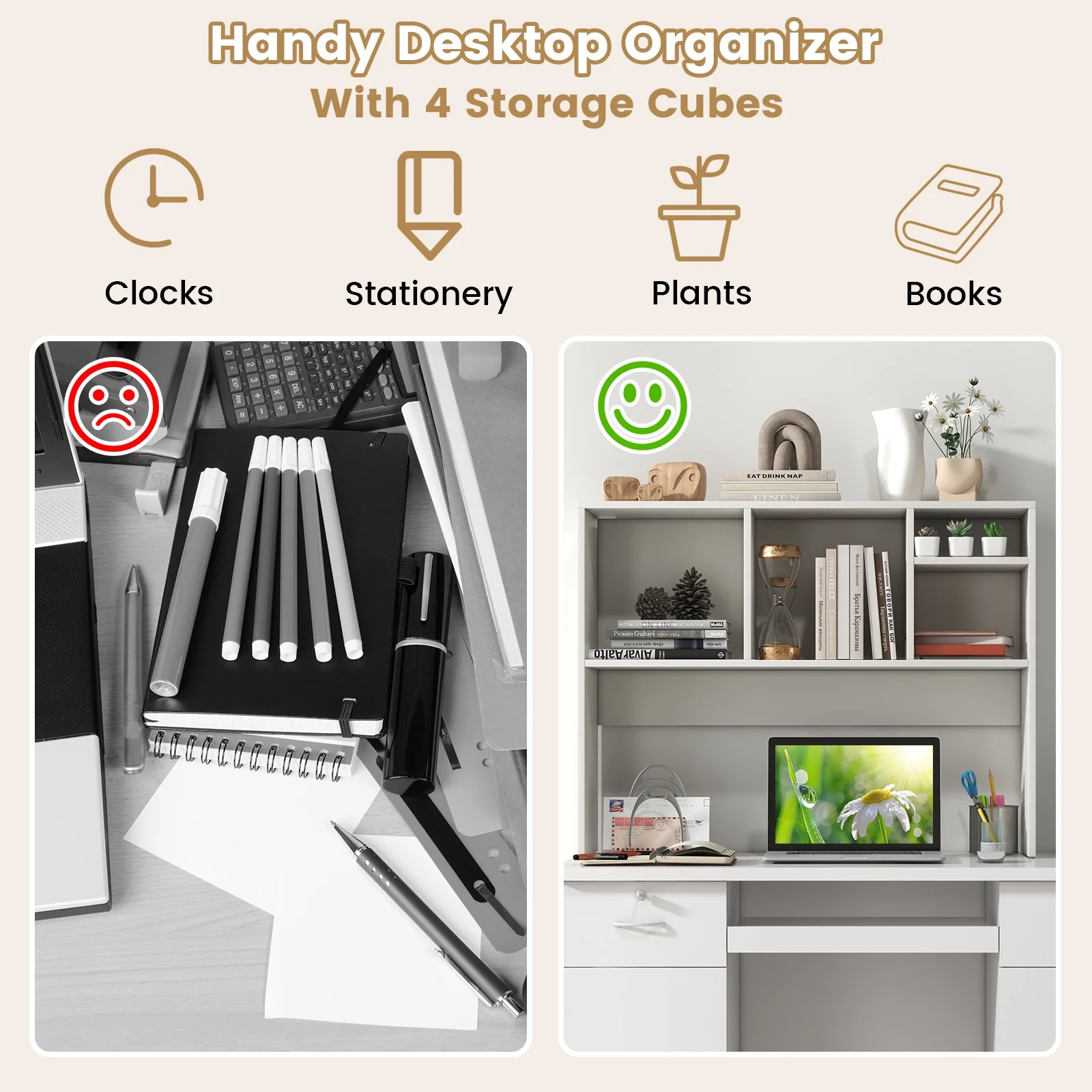 Giantex Desk Hutch, 2-Tier Desktop Organizer Shelf for Computer Desk, Wide Wooden Table Top Bookshelf, Countertop Storage Rack, White