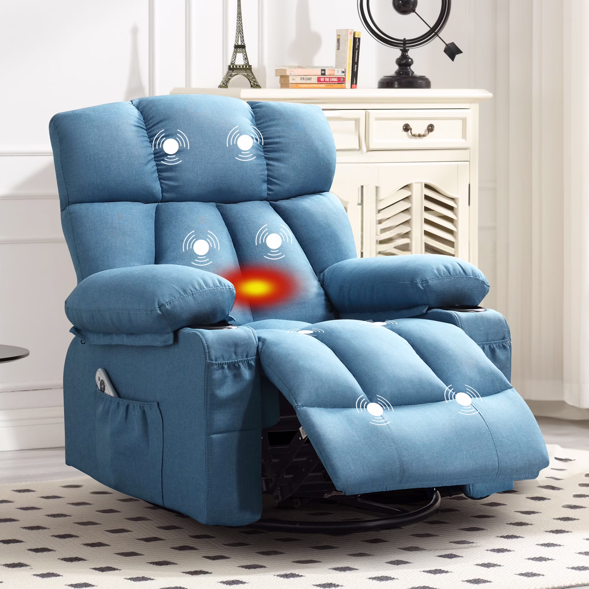 JONPONY Manual Recliner Chair with Heat Therapy and Massage Function, Heavy Duty Reclining Mechanism Massage Chair, Elderly Single Rocker Sofa with Cup Holders for Bedroom Home Theater,Grey