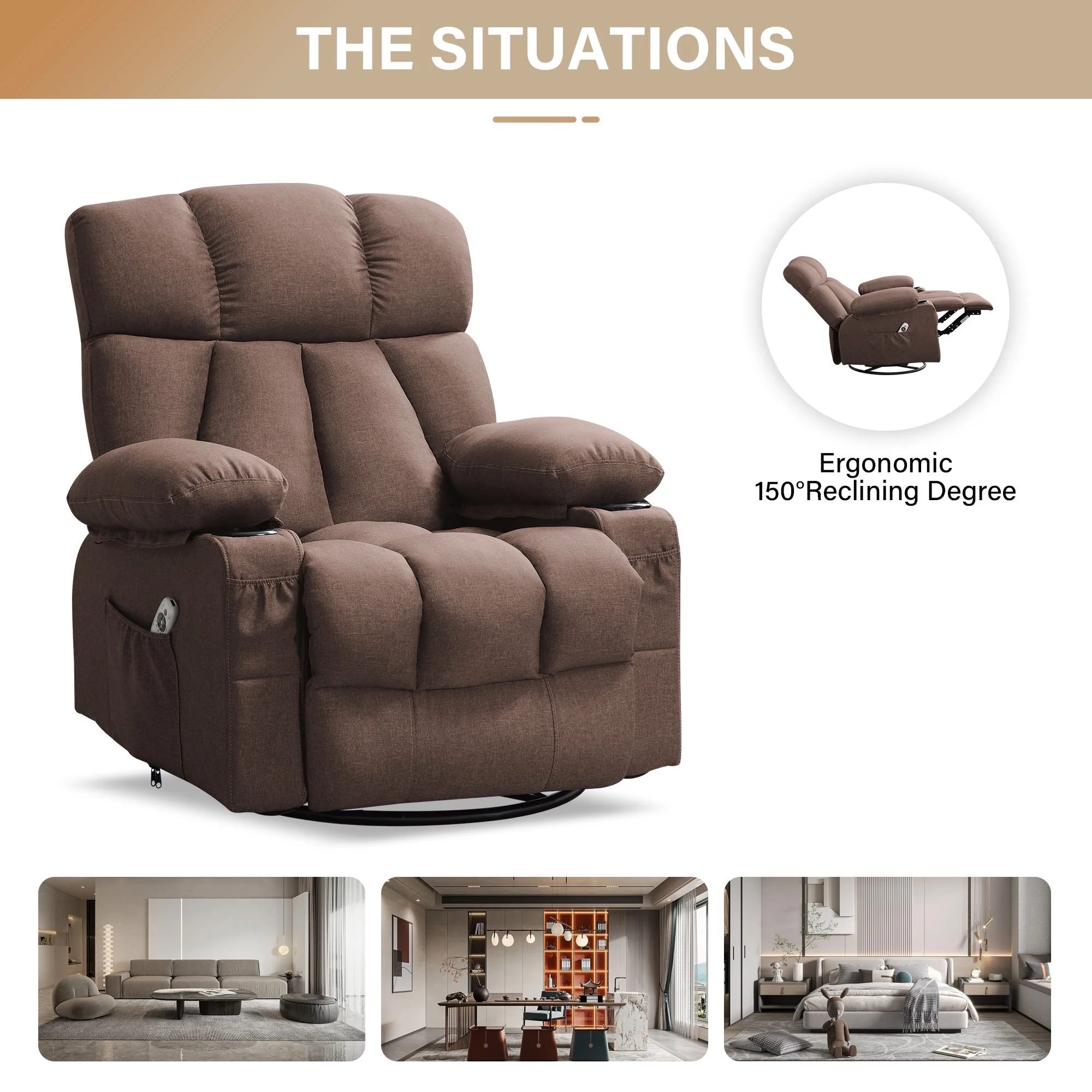 JONPONY Manual Recliner Chair with Heat Therapy and Massage Function, Heavy Duty Reclining Mechanism Massage Chair, Elderly Single Rocker Sofa with Cup Holders for Bedroom Home Theater,Grey