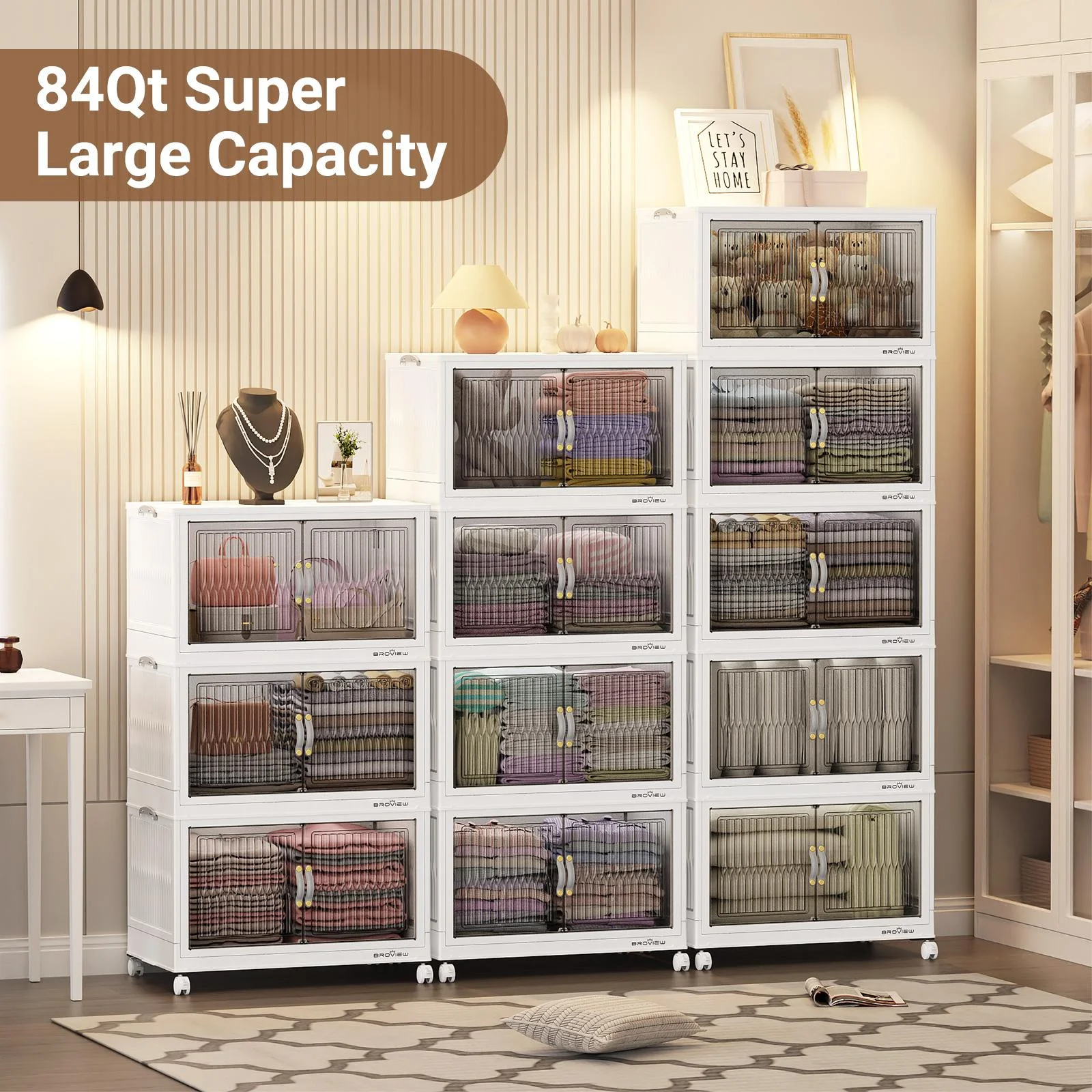 BROVIEW 100Gal Large Storage Bins with Lid, 400Qt Plastic Stackable Closet Organizer and Storage, Collapsible Storage Box with Wheels, Folding Storage Cabinet Containers for Home Office, 5Pack White