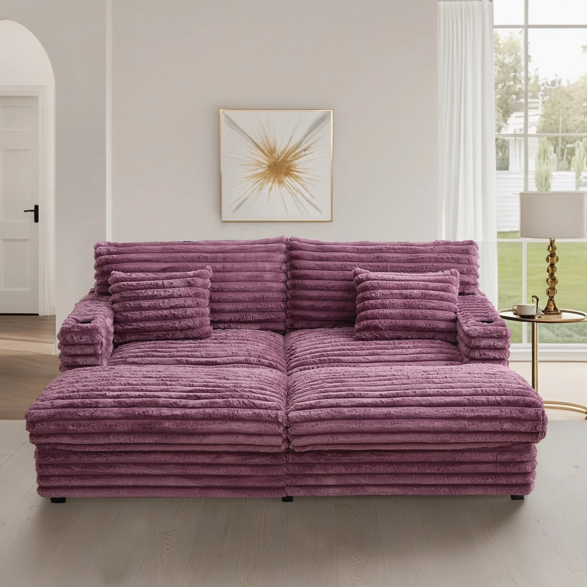 Oversized Double Chaise Lounge, Faux Fur Upholstered Deep Seat Sofa with 2 Pillows, 2 Cupholders, and Dual USB Ports