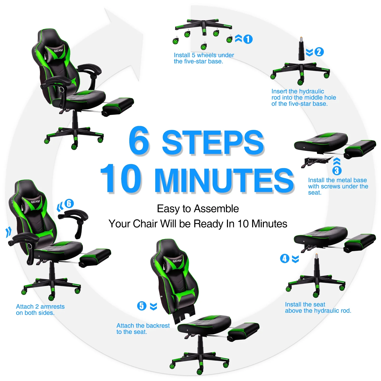 Elecwish Adjustable & Ergonomic Swivel Gaming Chair, White