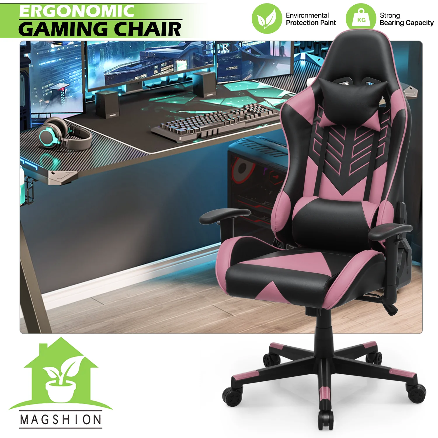 Magshion Ergonomic Gaming Chair, Comfortable Gaming Chair, Computer Chair Leather Desk Chair Adjustable Swivel Gaming Office Chair, Blue