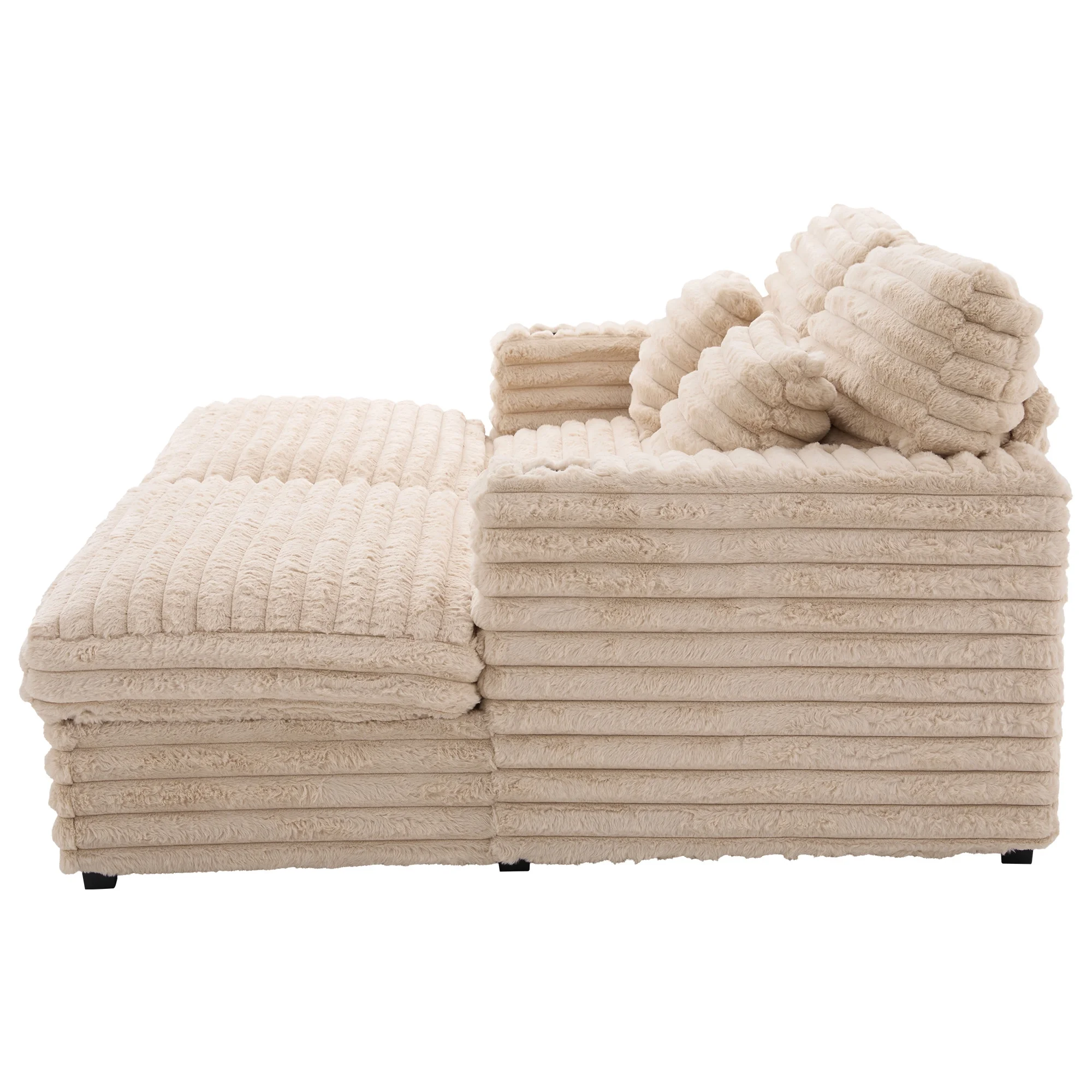 Oversized Double Chaise Lounge, Faux Fur Upholstered Deep Seat Sofa with 2 Pillows, 2 Cupholders, and Dual USB Ports