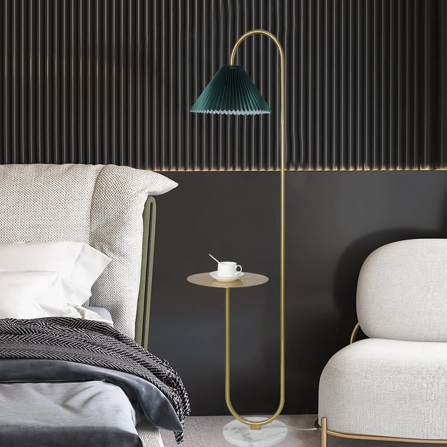 Modern Elegant with Tray Floor Lamp for Office Cafe Den Living Room Bedroom, Foot Switch and Brass/Gold Finish,Light Yellow Pleated Cloth Lampshade