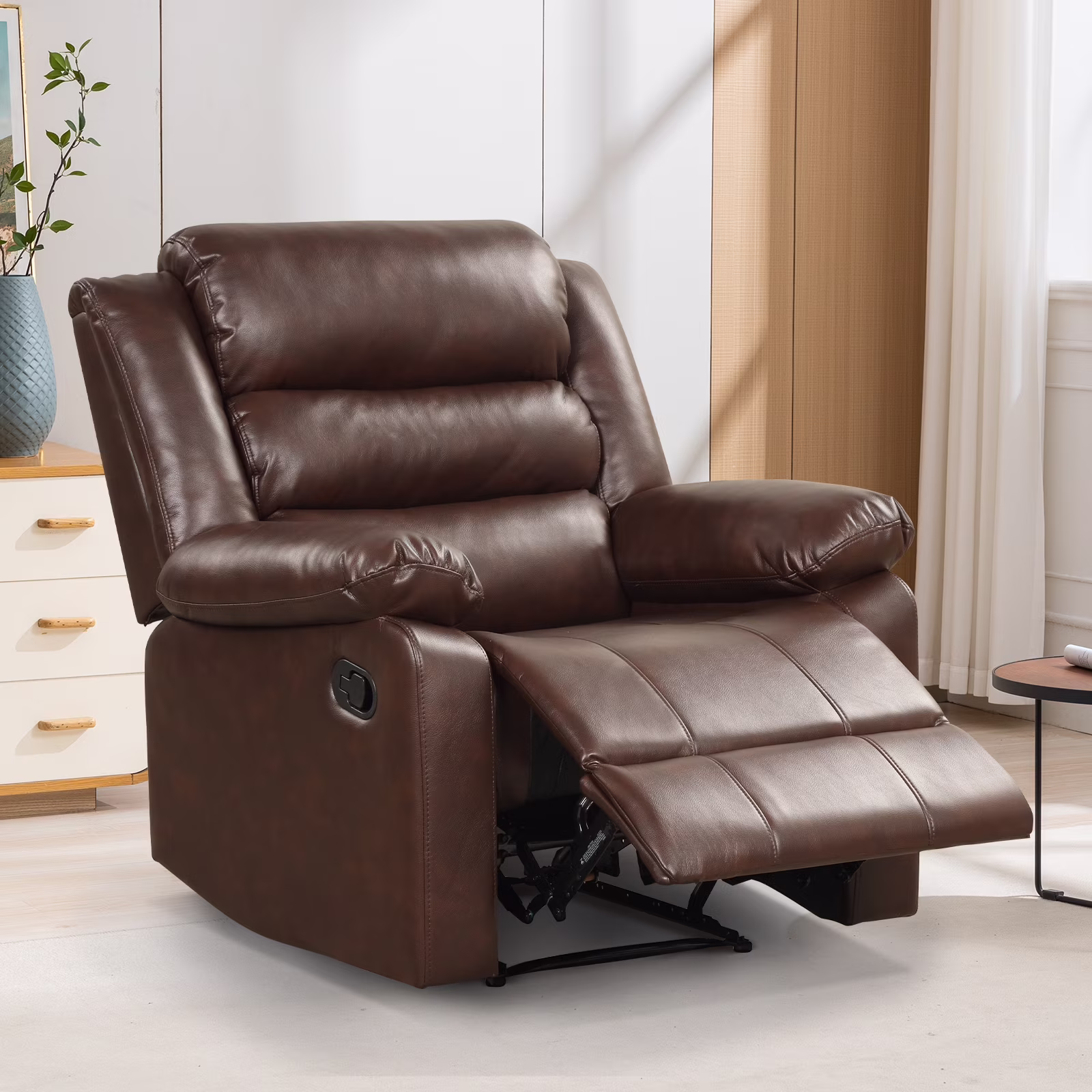 Bonzy Home Recliner Chairs for Living Room Overstuffed Breathable Fabric Reclining Chair Manual Sofa Brown