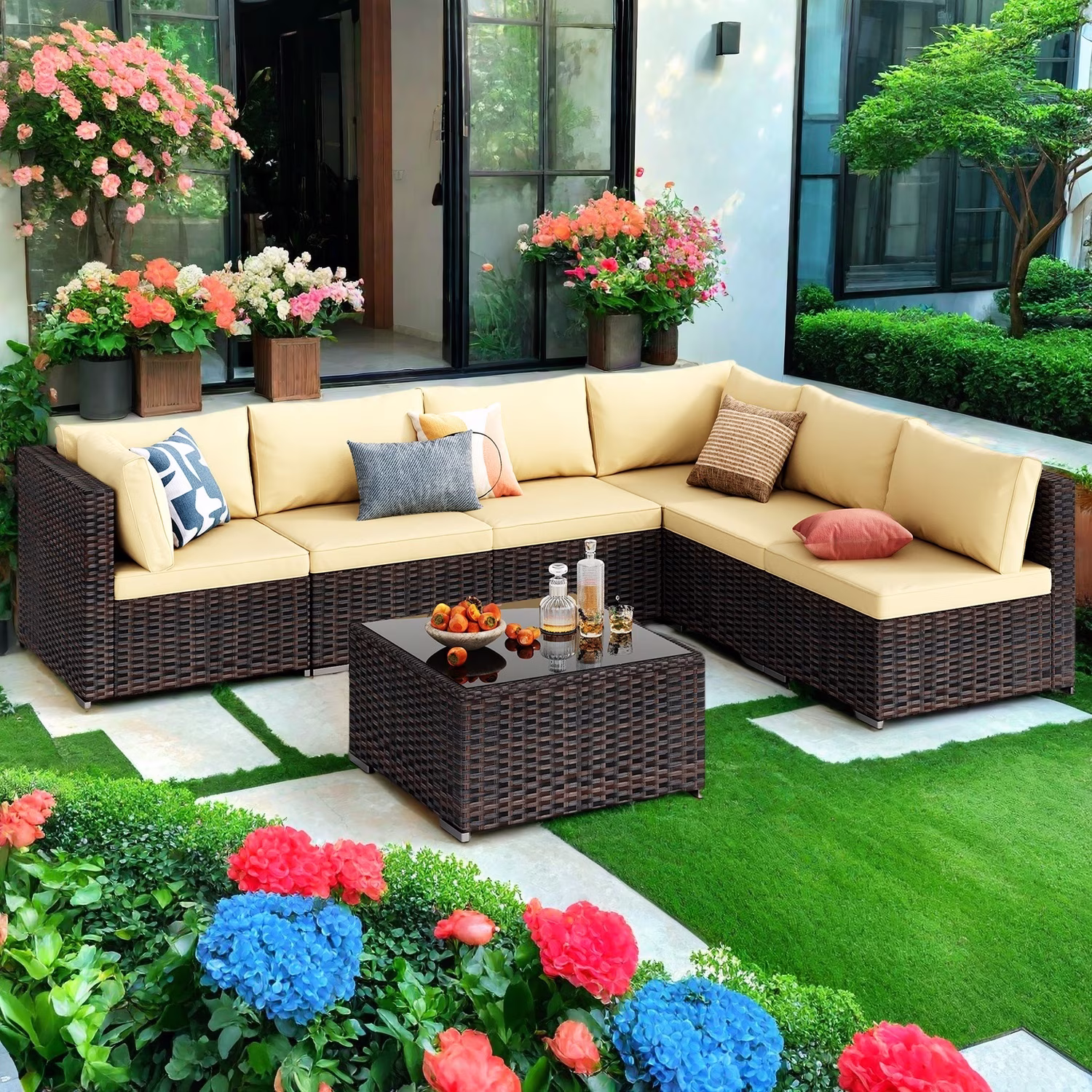 Patio Furniture Set, Lofka 7 Piece Outdoor Sectional Furniture Chair Set with Cushions and Coffee Table, Gray