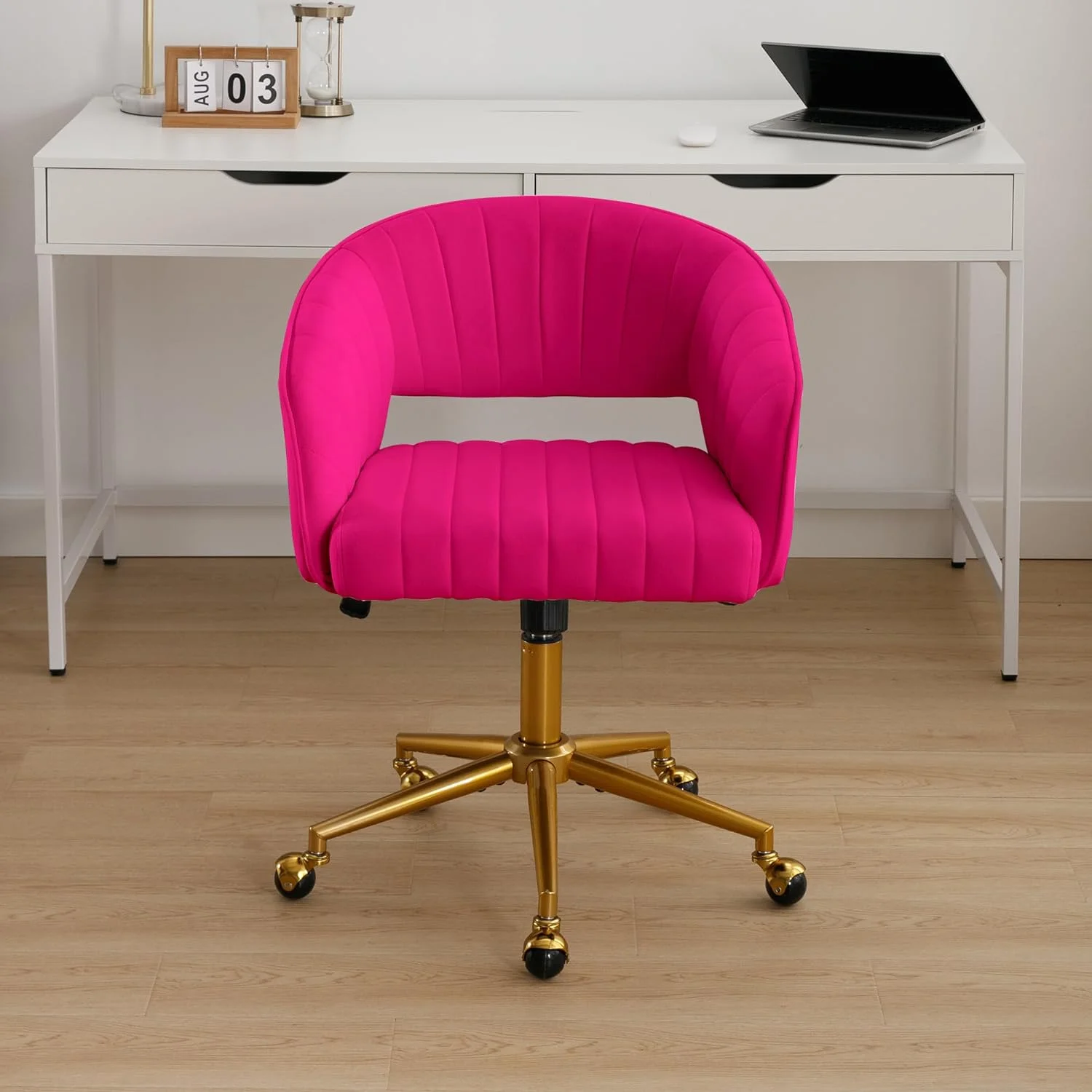 Westice Home Office Desk Chairs, Velvet Task Chair, Height Adjustable Swivel Vanity Chair with Golden Base for Vanity Study, Living Room Computer Room, Beige