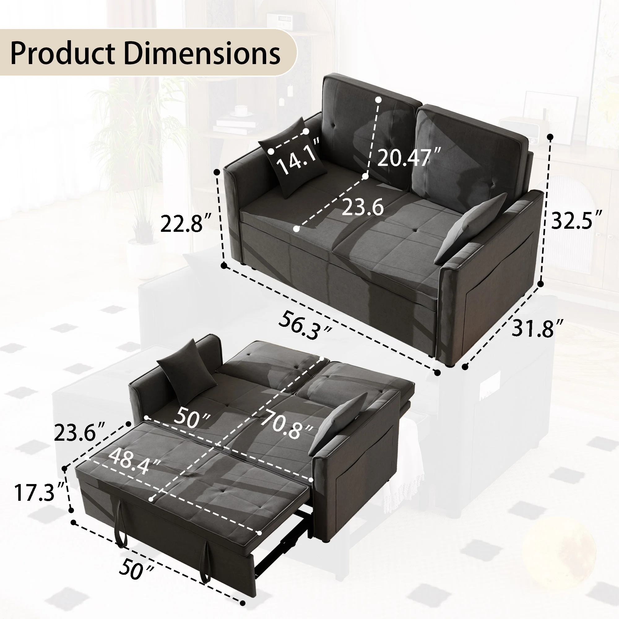 Convertible Sofa Bed,3-in-1 Sleeper Sofa with Pull Out Bed,Sleeper Futon Couch Loveseat with Adjsutable Backrest and Pillows for Living Room,Gray
