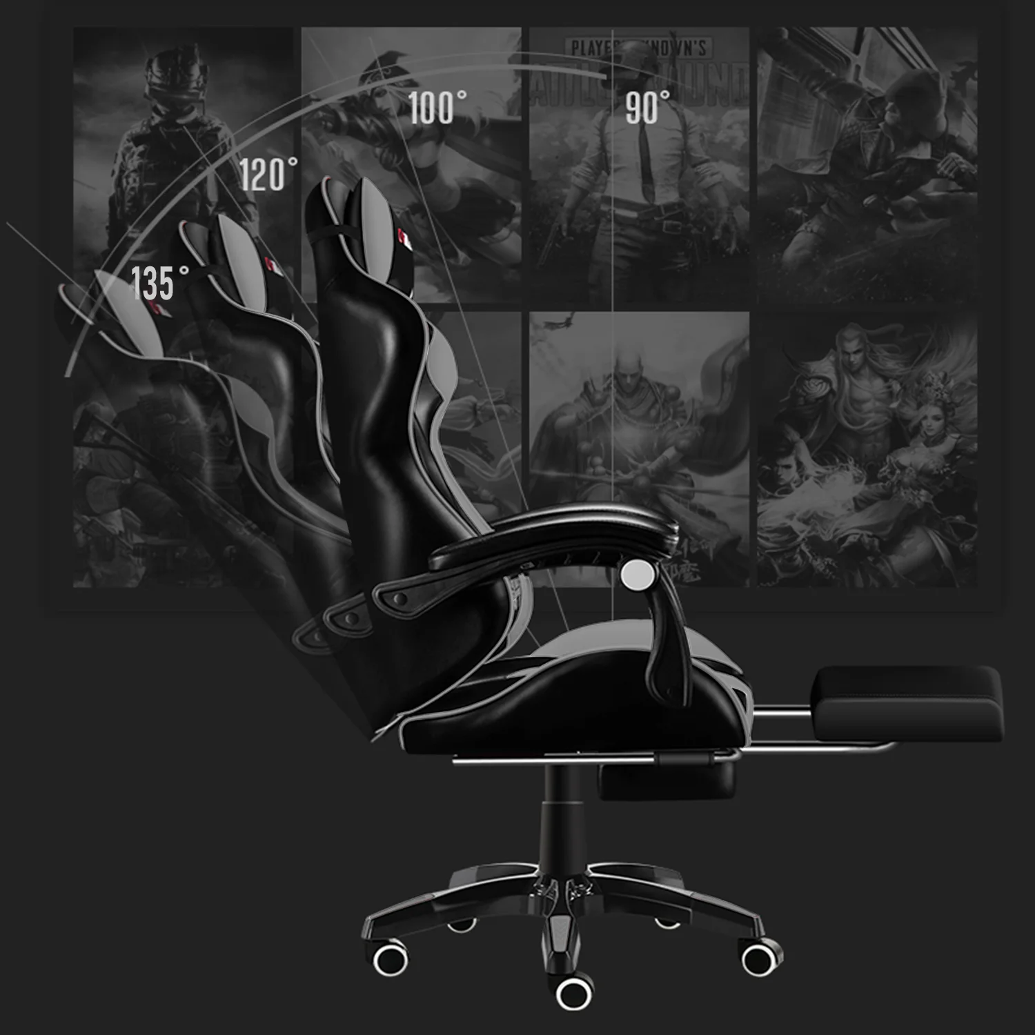 Gaming Chair with Adjustable Footrest,Eighteentek High Back Office Chair with Lumbar Support & Adjustable Headrest Video Game Chairs for Adults Black
