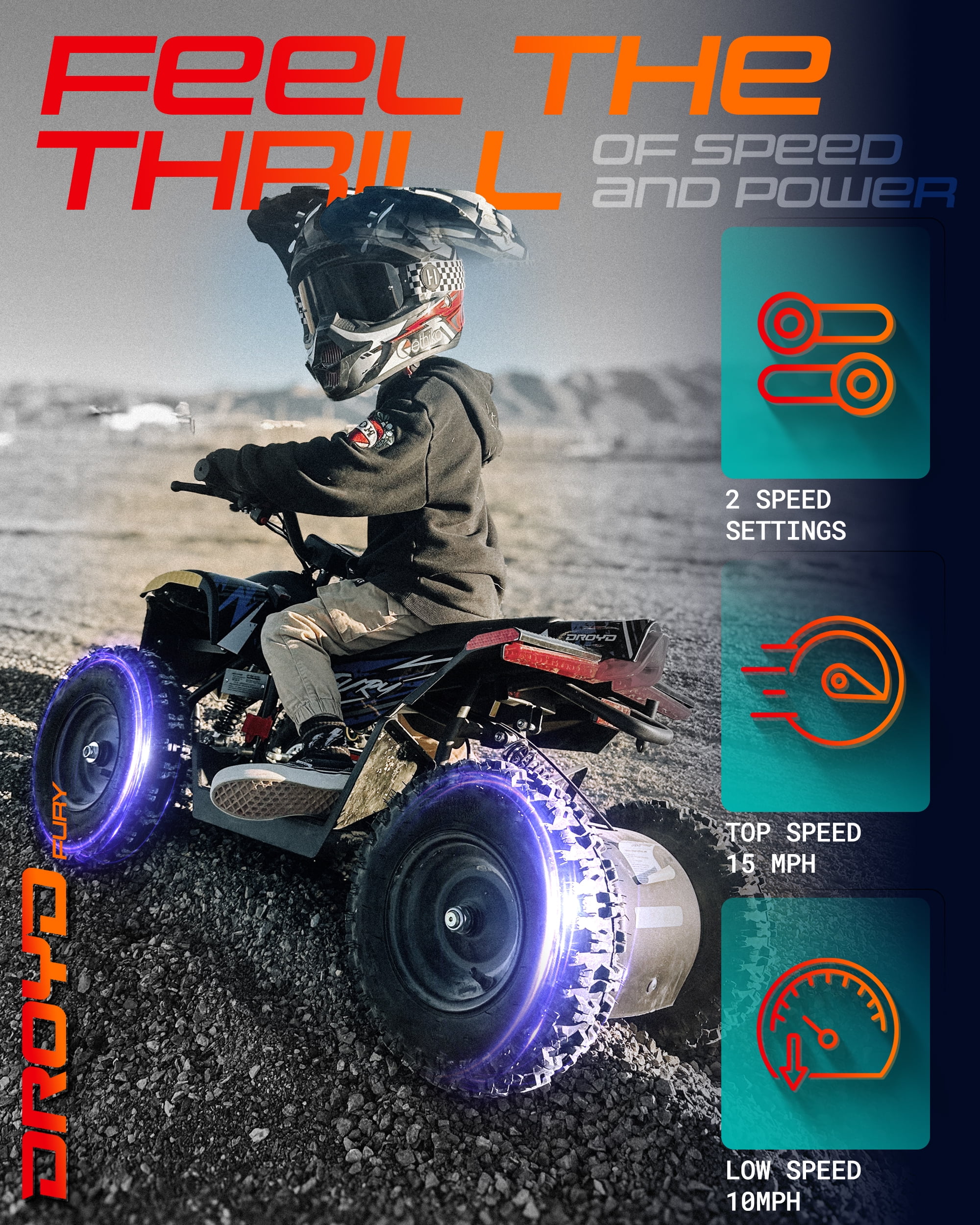 Droyd Fury Electric Youth ATV, 36V 500W Brushless Motor, Dual Suspension, Max Speed 15 mph, Offroad