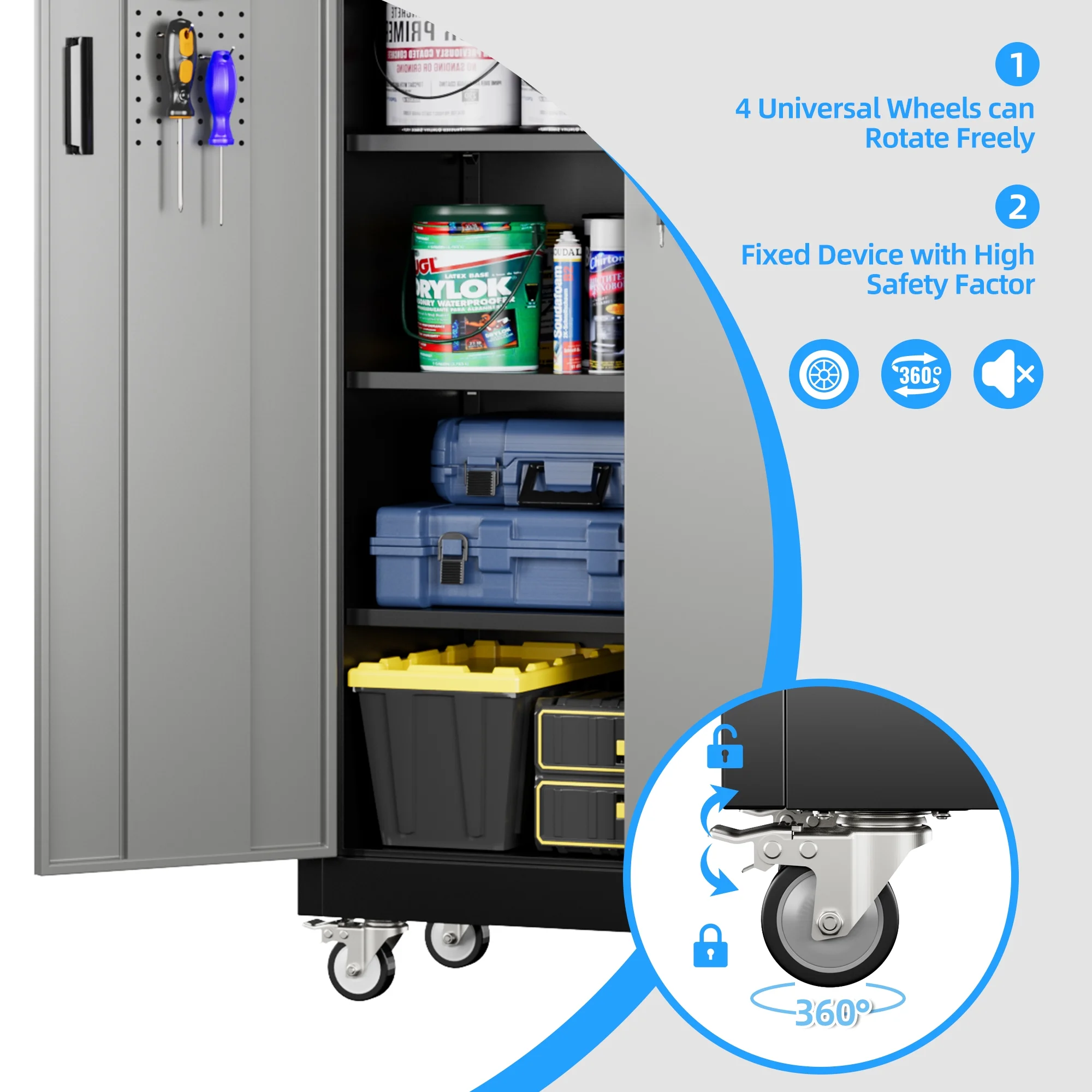 SUPEER Metal Rolling Storage Cabinets with Locking Doors and 5 Adjustable Shelves, Steel Garage Storage Cabinet for Garage, Office, Classroom, Assemble Required(Black)