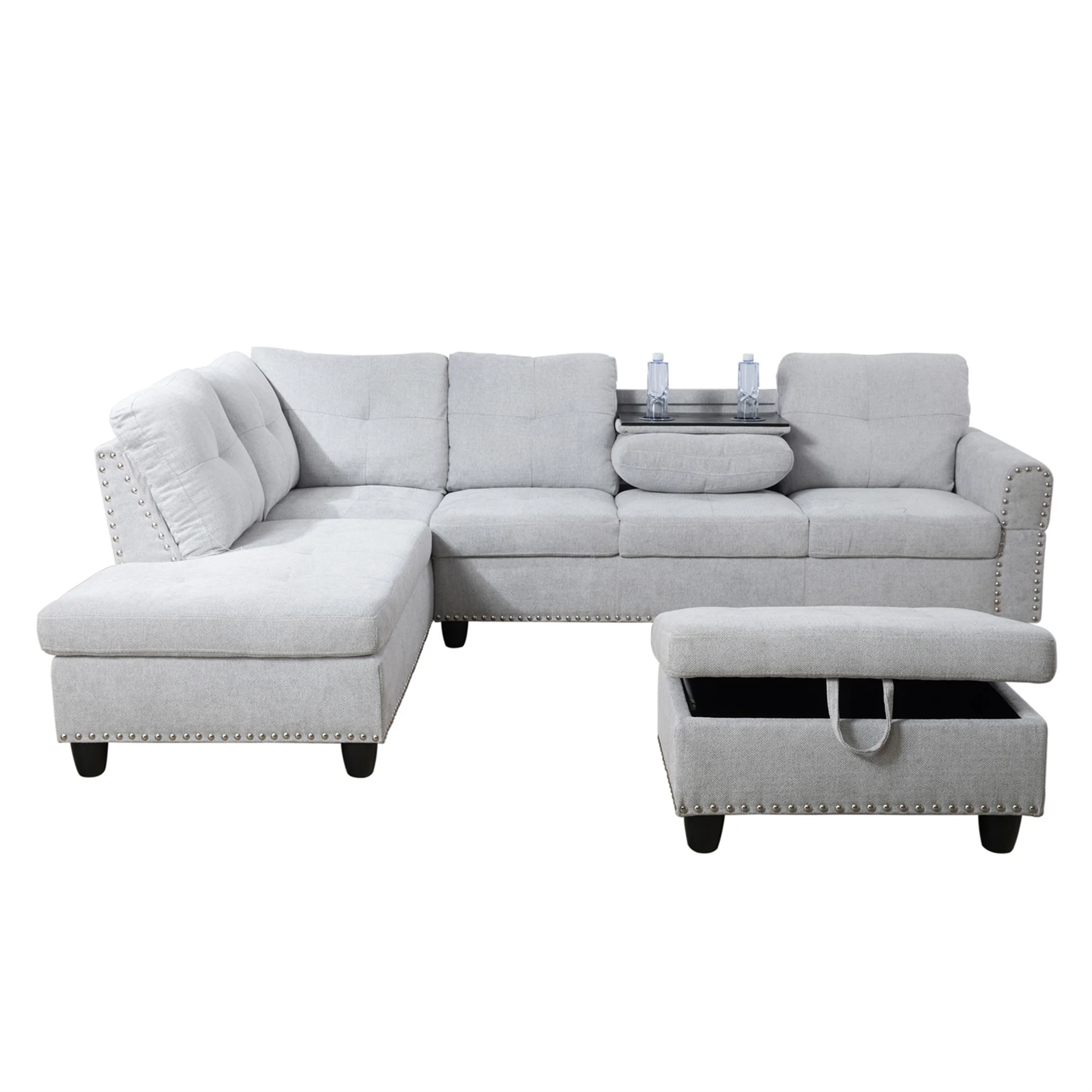 Aukfa 3 Piece Sectional Sofa, Living Room Couch with Storage Ottoman&Cup Holder, Linen, Left Hand, Black Gray