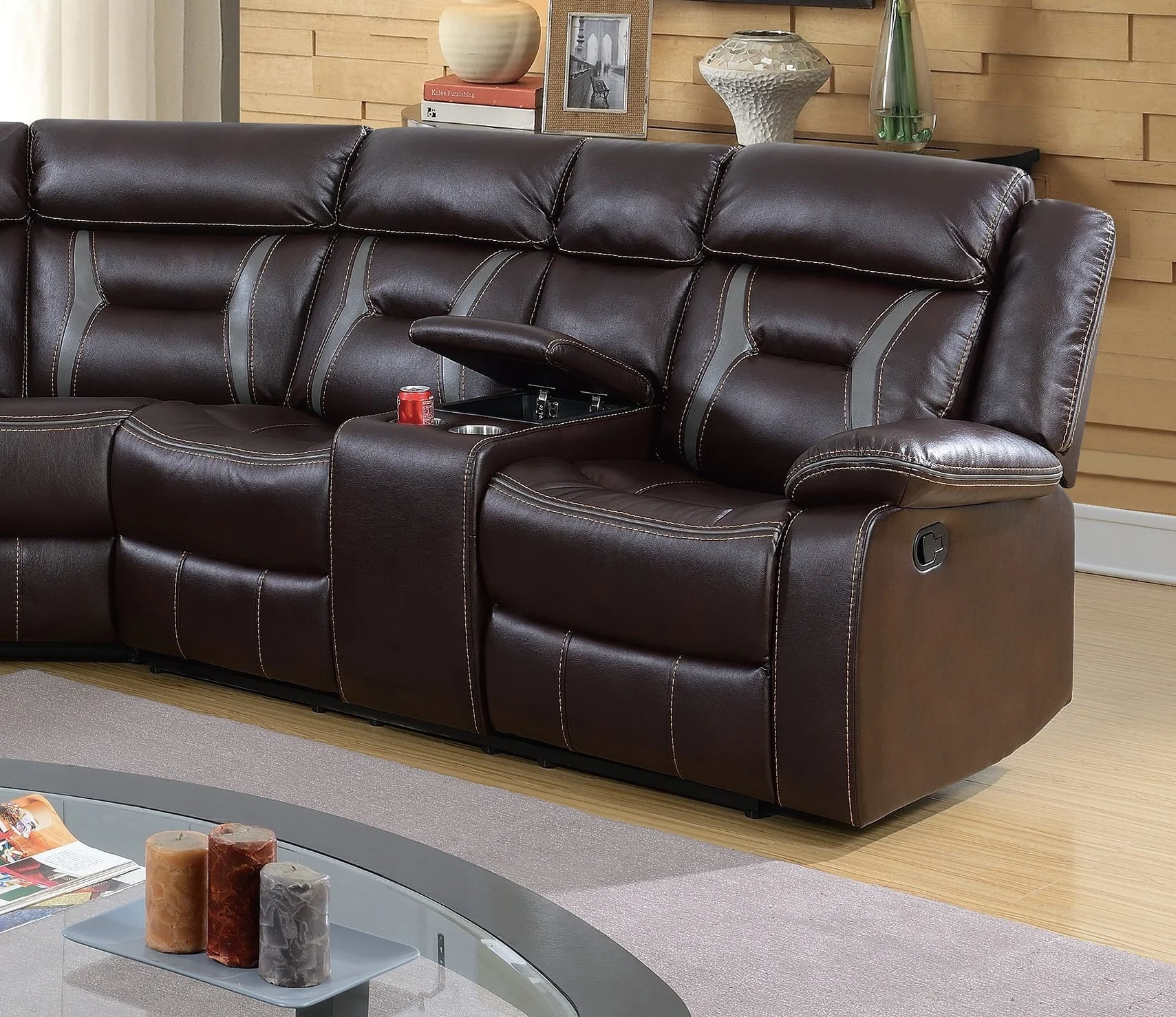 Living Room 3pcs Reclining Motion Sectional Sofa Gel Leatherette Loveseat Console Corner Wedge Dark Brown Cushion Couch