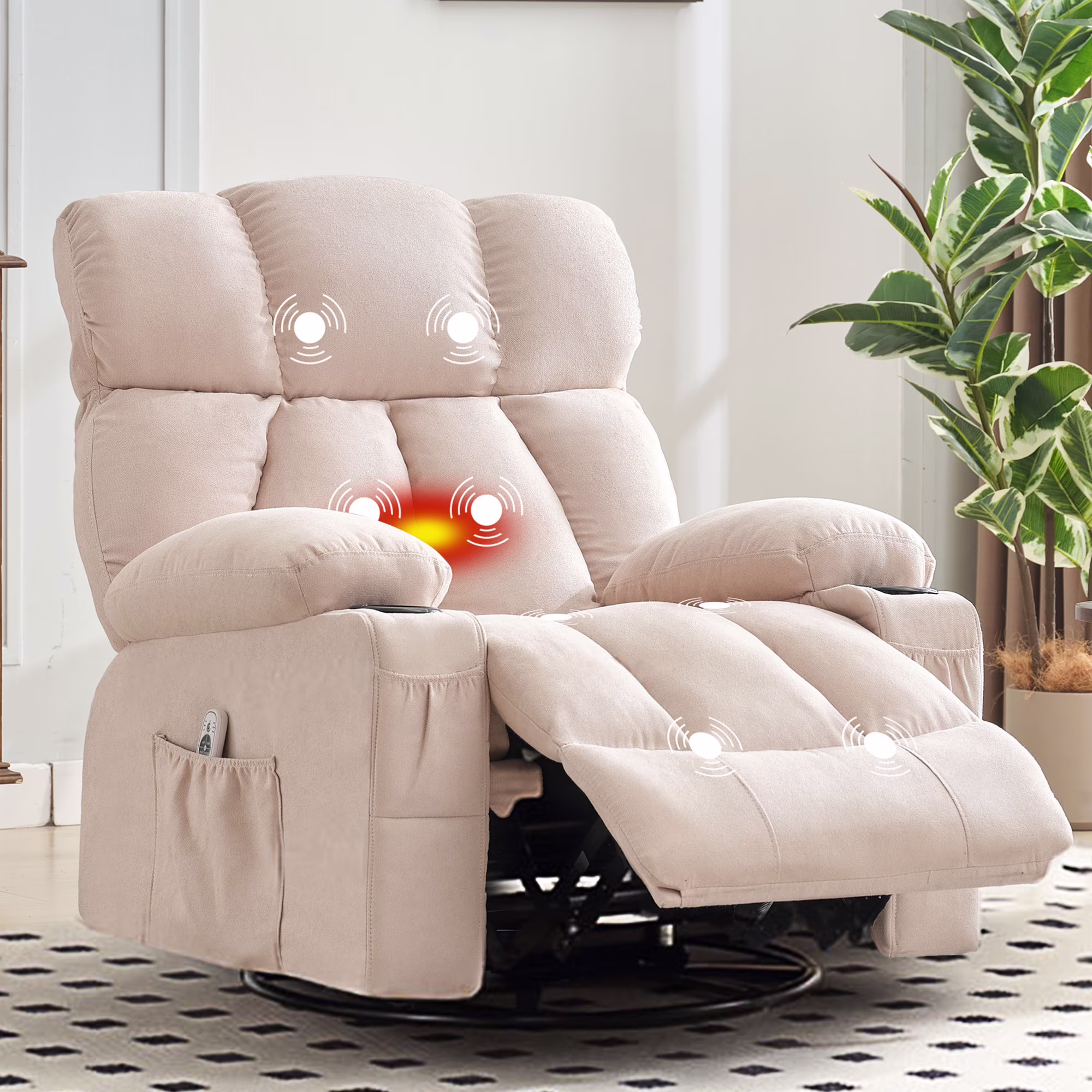 JONPONY Manual Recliner Chair with Heat Therapy and Massage Function, Heavy Duty Reclining Mechanism Massage Chair, Elderly Single Rocker Sofa with Cup Holders for Bedroom Home Theater,Grey