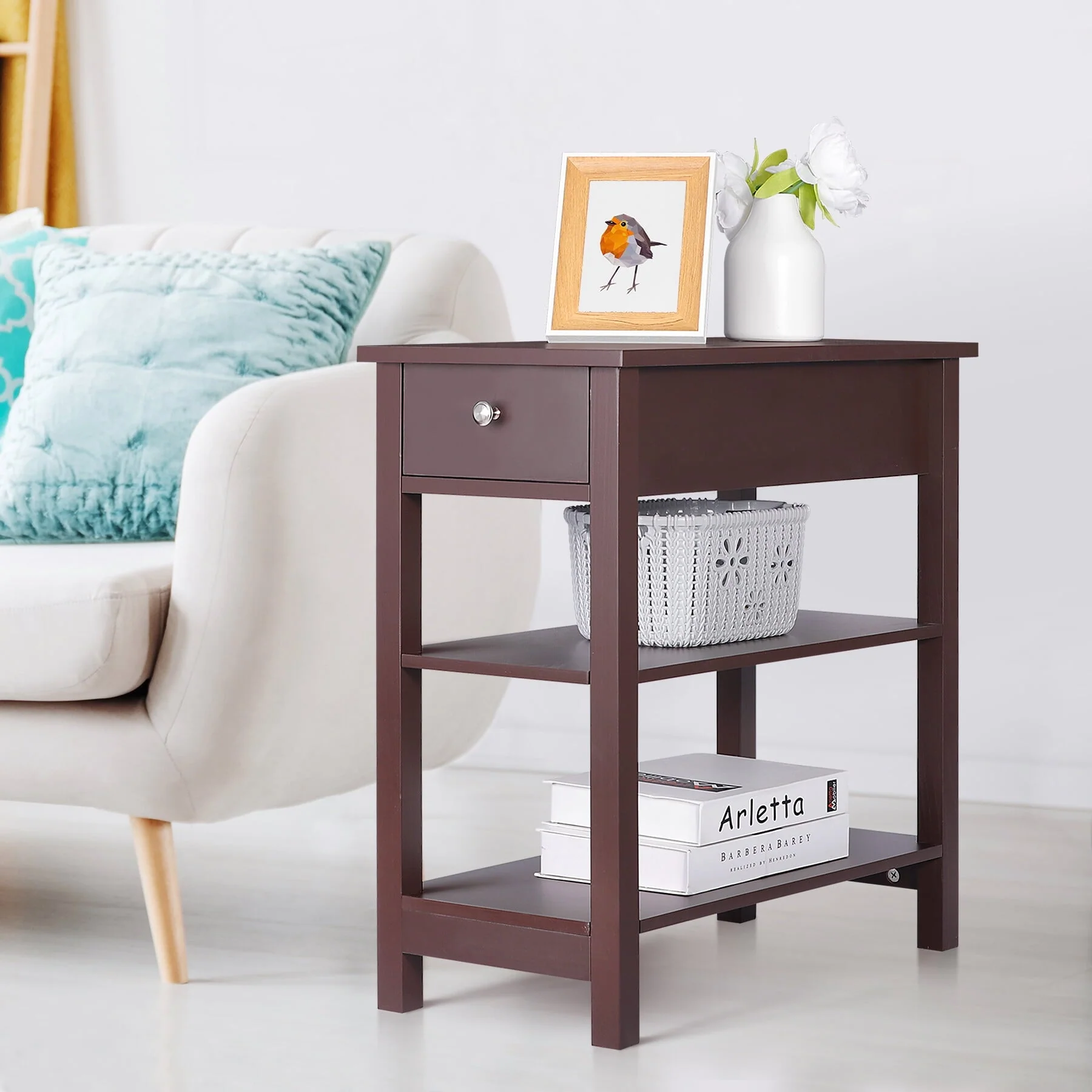 HomGarden 3 Tier Small End Table Modern Narrow Rectangle Sofa Side Table W/Drawer, Espresso
