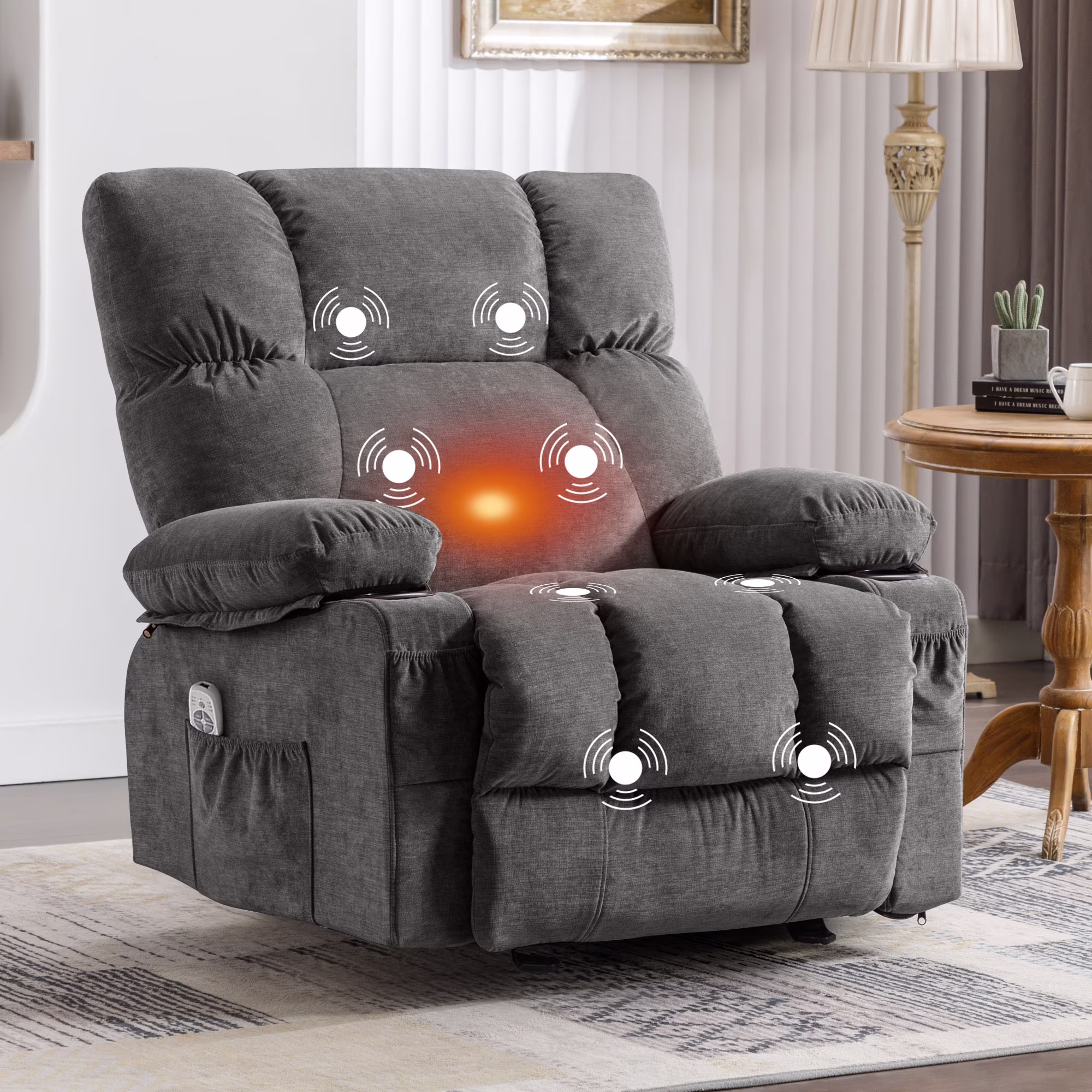 JONPONY Manual Recliner Chair with Heat Therapy and Massage Function, Heavy Duty Reclining Mechanism Massage Chair, Elderly Single Rocker Sofa with Cup Holders for Bedroom Home Theater,Grey