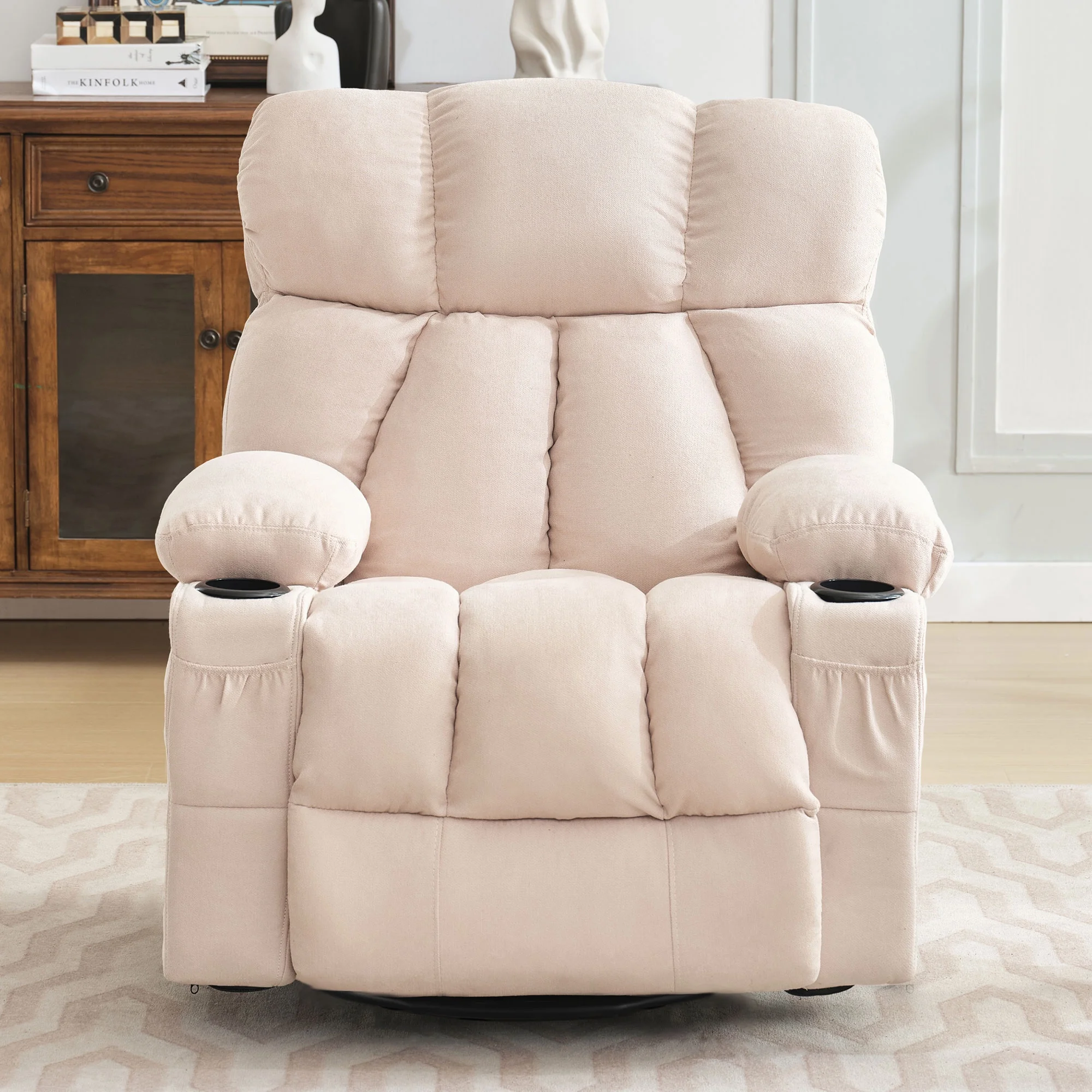 JONPONY Manual Recliner Chair with Heat Therapy and Massage Function, Heavy Duty Reclining Mechanism Massage Chair, Elderly Single Rocker Sofa with Cup Holders for Bedroom Home Theater,Grey