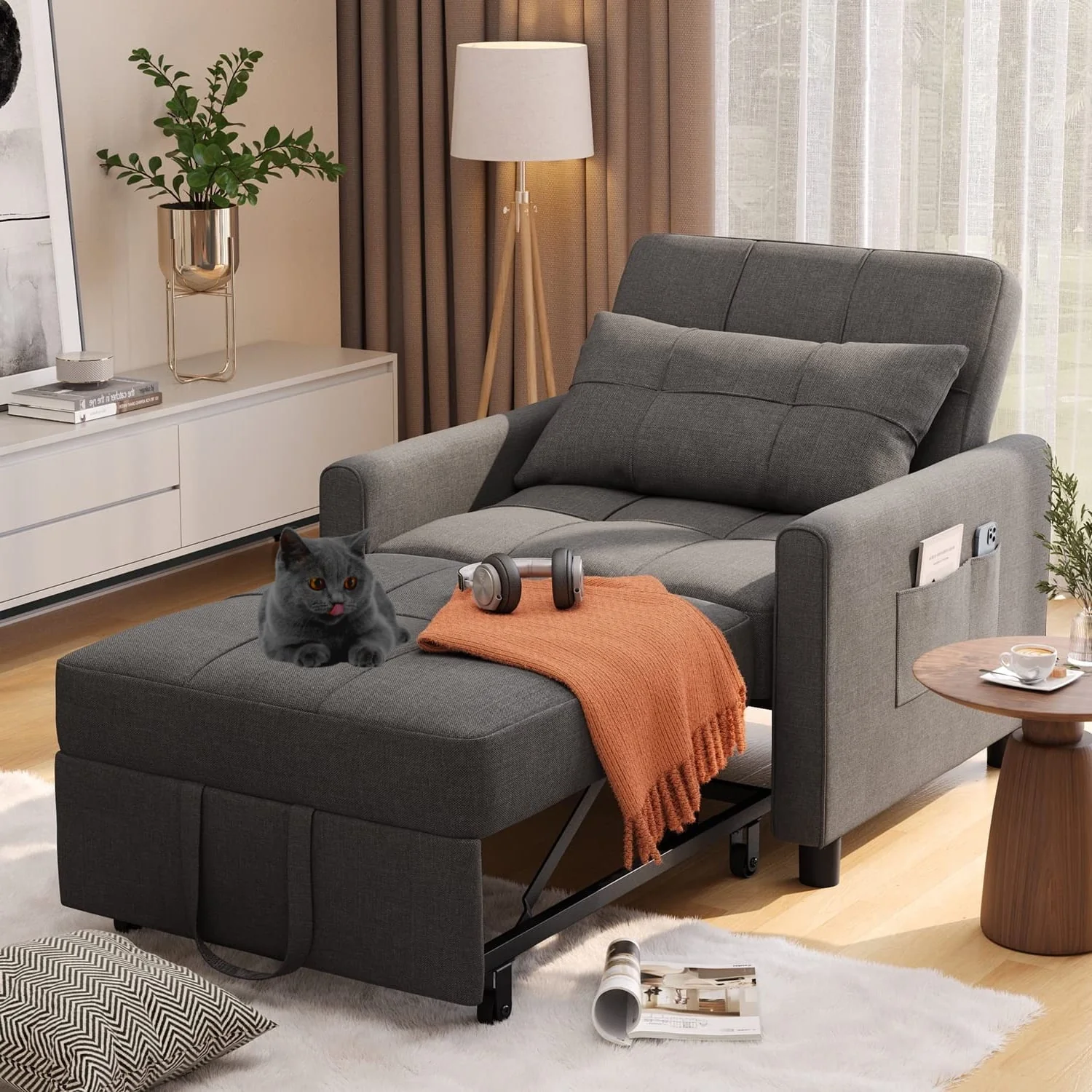 Lofka Chair Bed, Convertible Sofa Bed 3 in 1 Single Sleeper Bed for Bedroom & Living Room, Metal Frame, Dark Gray