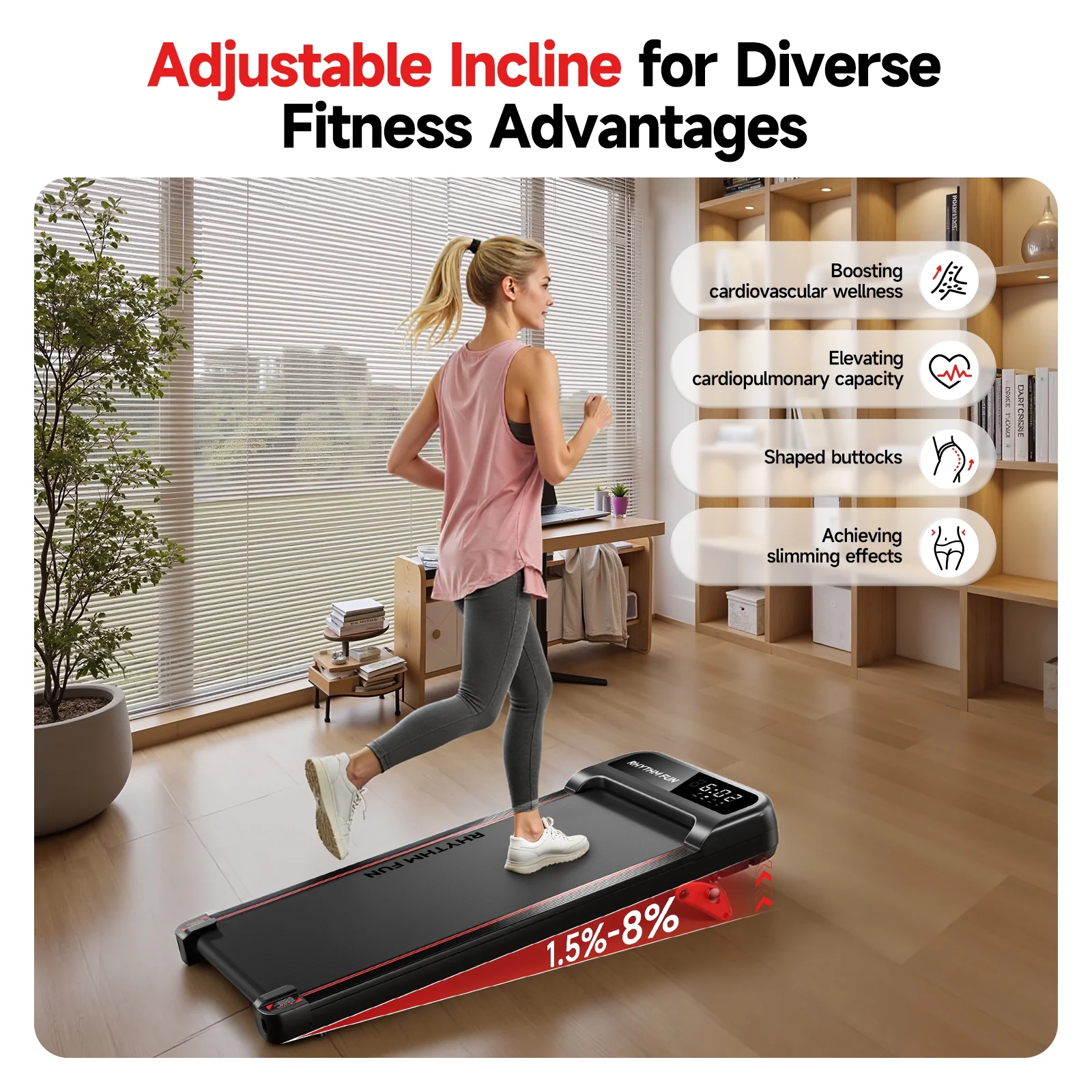 RHYTHM FUN Walking Pad Treadmill with Incline, Under Desk Fitness Machine for Home & Office, 300 lbs Portable, LED Display, Remote Control