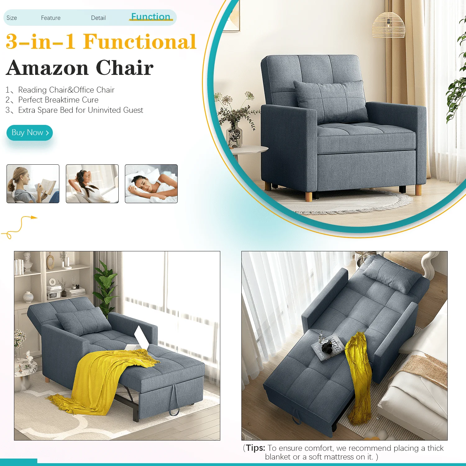 YODOLLA Sleeper Sofa Chair 3 in 1 Sleeper Chairs for Adults Pull Out Chair Bed Sleeper with Extra Pillow and Convertible Backrest Multi-Functional Fold Out Chair Bed for Small Space (Dark Grey)