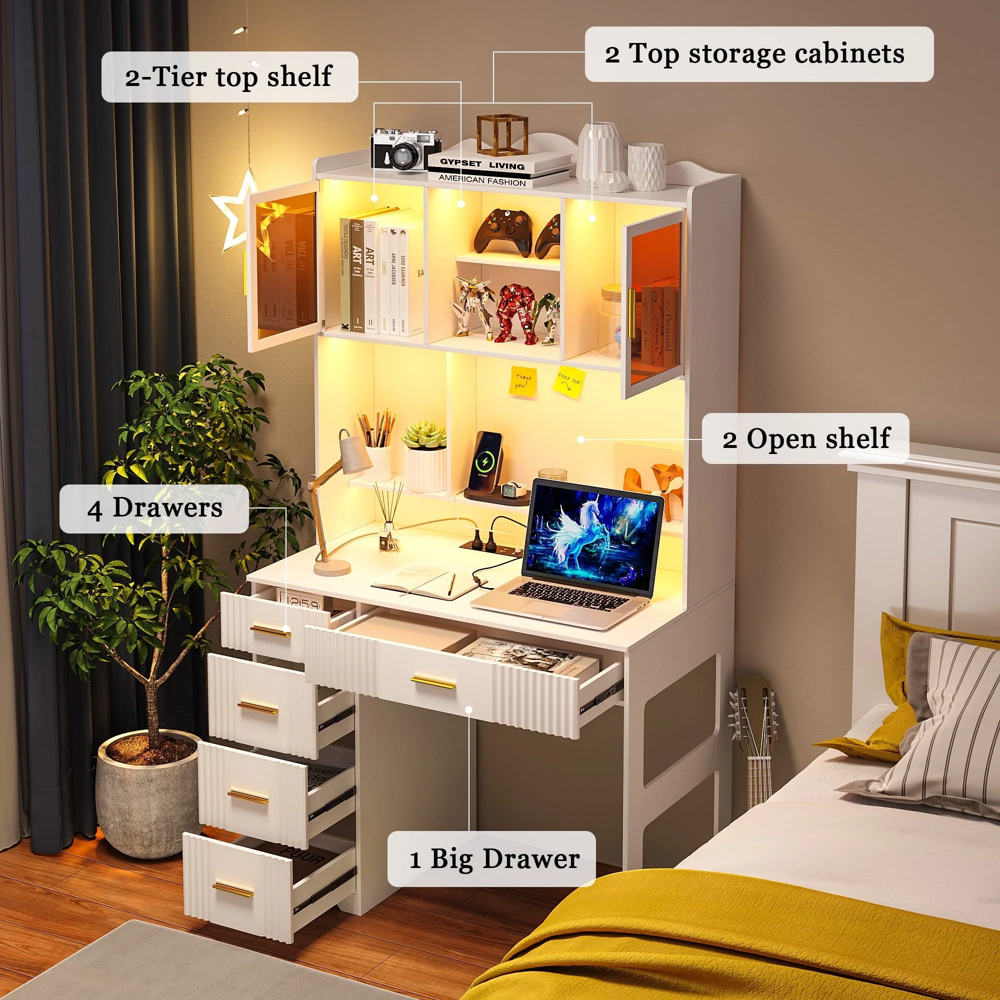 HNEBC LED Study Desk with Hutch and Drawer, Home Office Desk with Outlet, Computer Desk with Charging Station, Writing Desk for Bedroom, Workstation for Small Space
