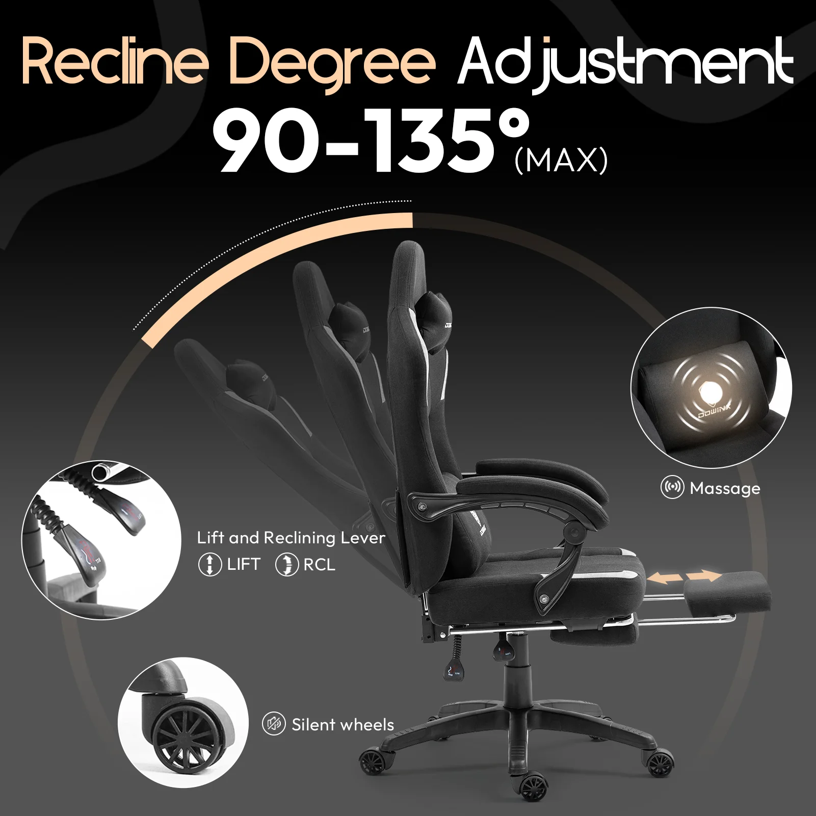 GOOSEA Fabric Gaming Chair with Pocket Spring Cushion, Breathable Computer Chair with Massage Lumbar Support and Footrest, High Back Office Chair for Adults, 300lbs, Grey