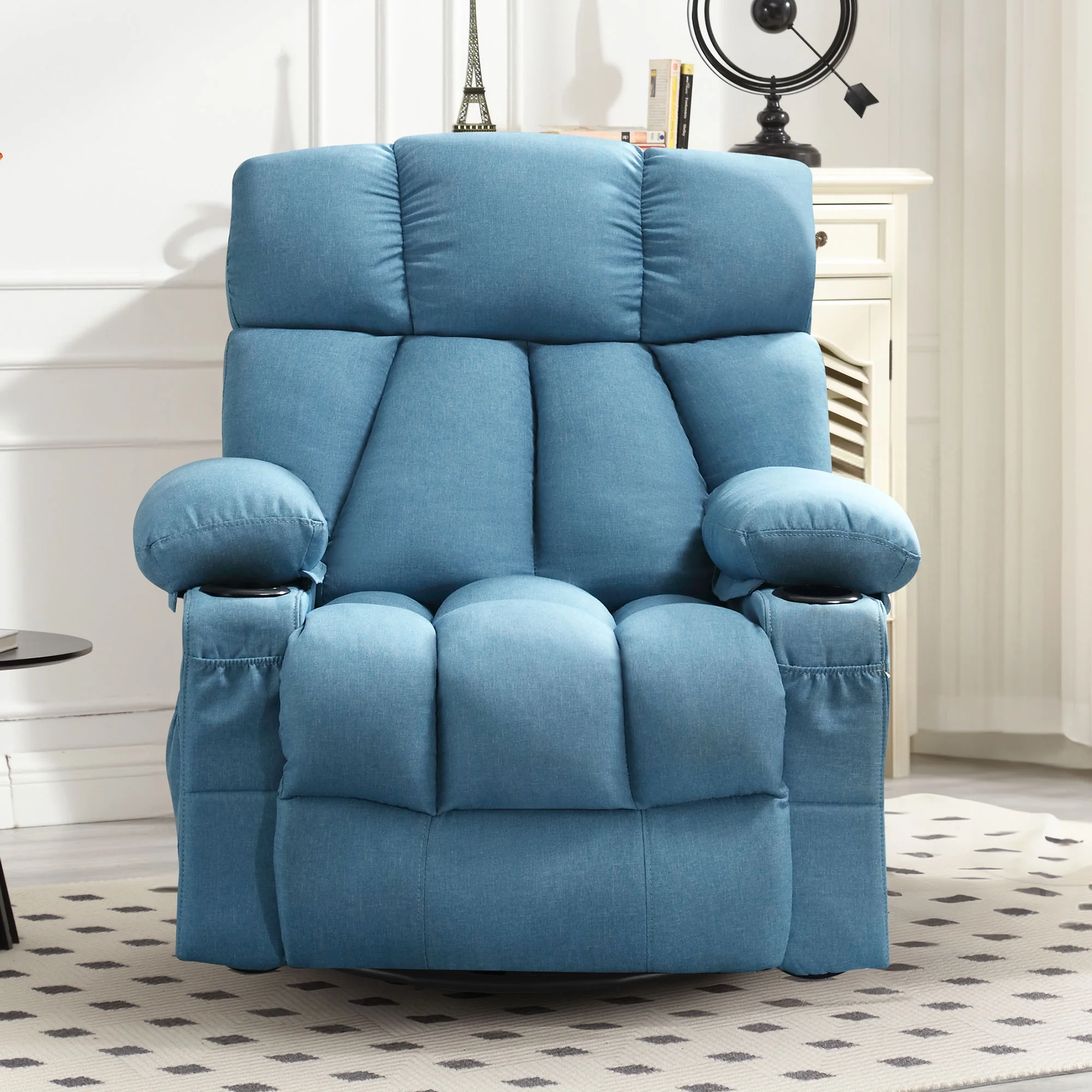 JONPONY Manual Recliner Chair with Heat Therapy and Massage Function, Heavy Duty Reclining Mechanism Massage Chair, Elderly Single Rocker Sofa with Cup Holders for Bedroom Home Theater,Grey