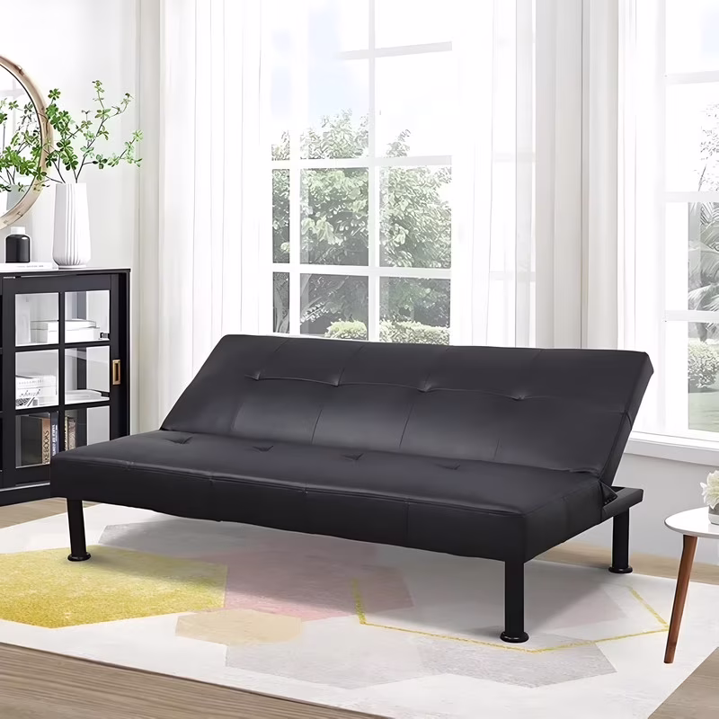 Couches for Living Room Upholstered Convertible Folding Futon Sofa Bed Modern Small Faux Leather Sleeper Sofa Love Seat for Bedroom, Apartment, Black
