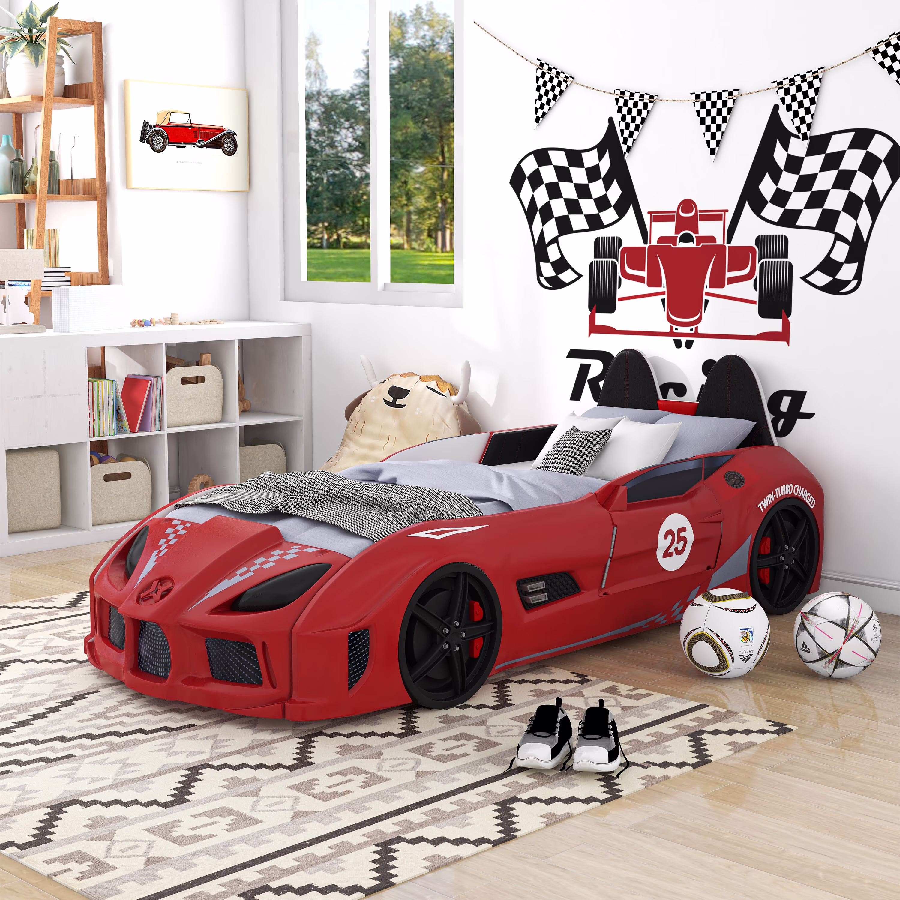 Furniture of America Dash Kids Plastic Twin Race Car Bed with LED and Sound, White