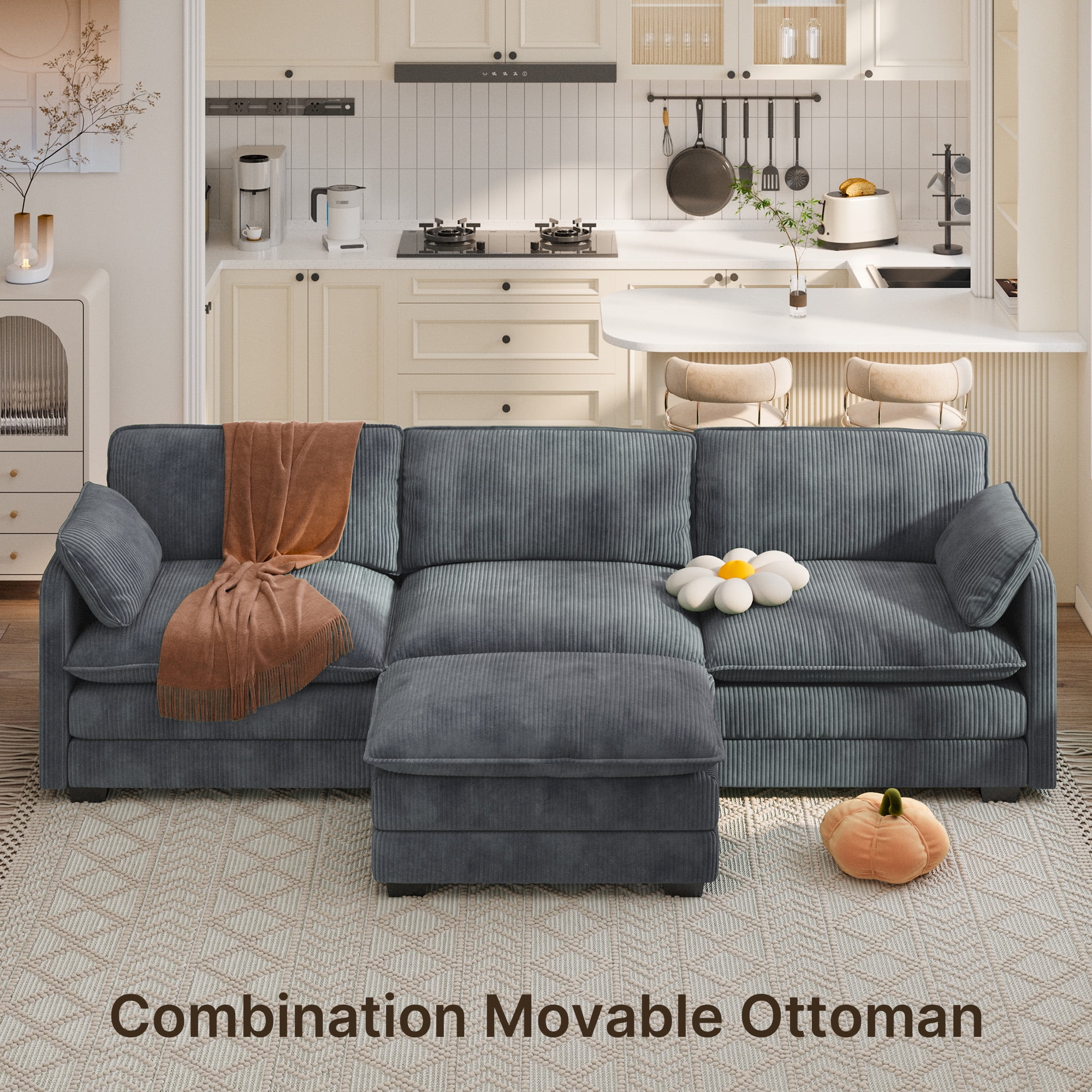 Lofka 110�� Modular Sectional Sofa Bed with Double Layer Cushions and Movable Ottoman, Modern Comfy Cloud Couch for Living Room, DIY Combination, Green