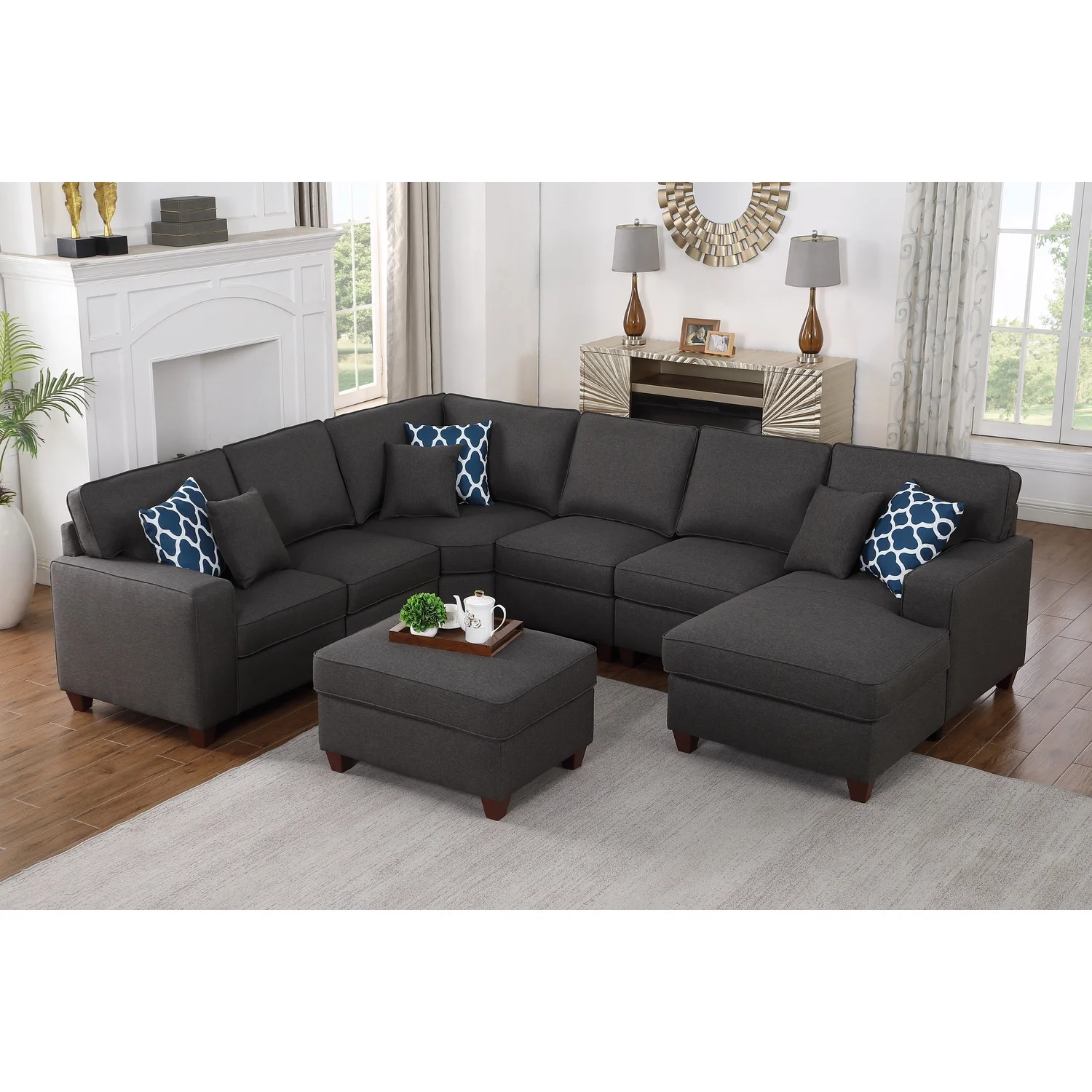 Devion Furniture 7-Piece Upholstered Modern Fabric Sectional in Light Gray