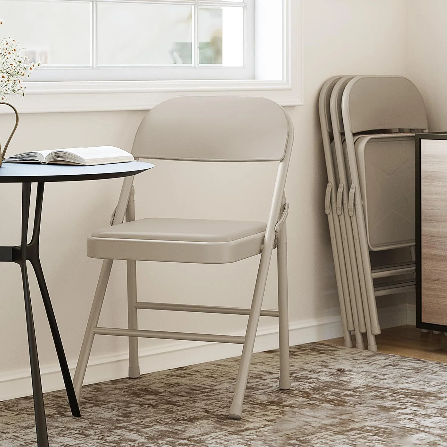 HOMEFAN Folding Chairs Set of 4, PU Upholstered Foldable Chairs with Metal Frame Hold Up to 350 Pounds for Dining Room, Living Room, Office, Beige