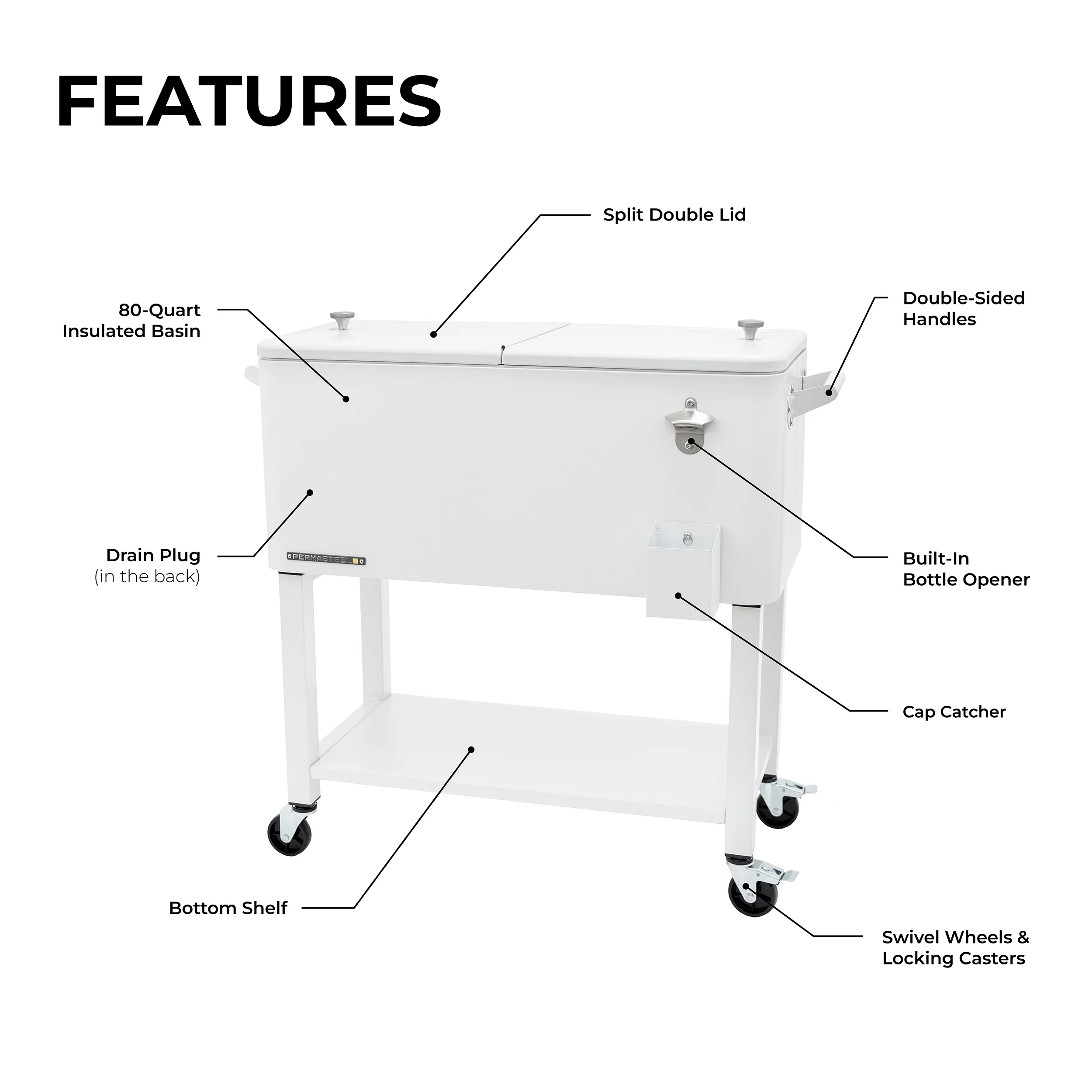Permasteel 80-Qt Outdoor Steel Patio Cooler with Removable Basin, Rolling Cooler with Wheels, Teal Green