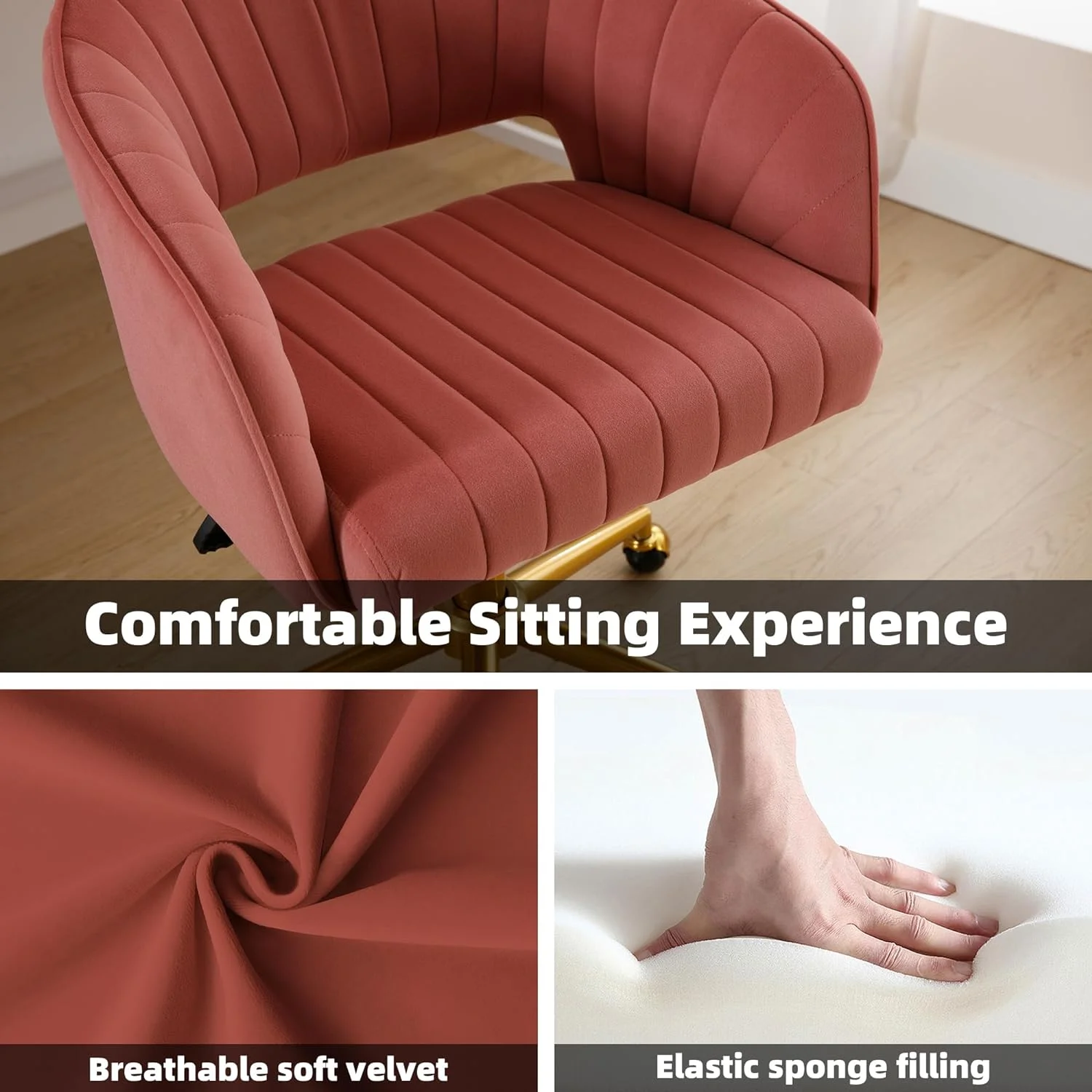 Westice Home Office Desk Chairs, Velvet Task Chair, Height Adjustable Swivel Vanity Chair with Golden Base for Vanity Study, Living Room Computer Room, Beige