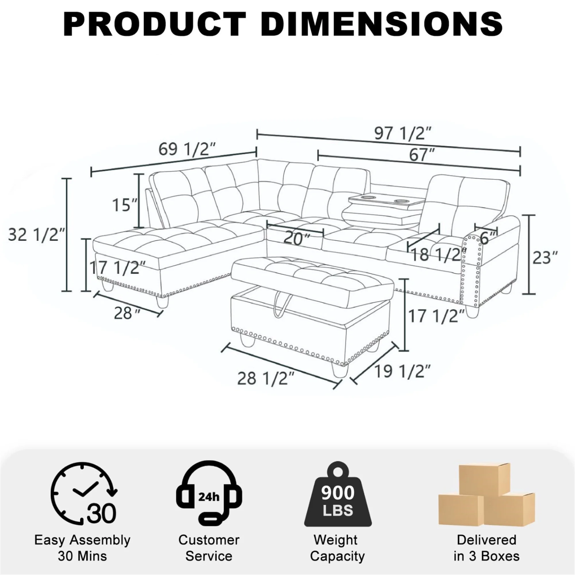 Aukfa 3 Piece Sectional Sofa, Living Room Couch with Storage Ottoman&Cup Holder, Linen, Left Hand, Black Gray